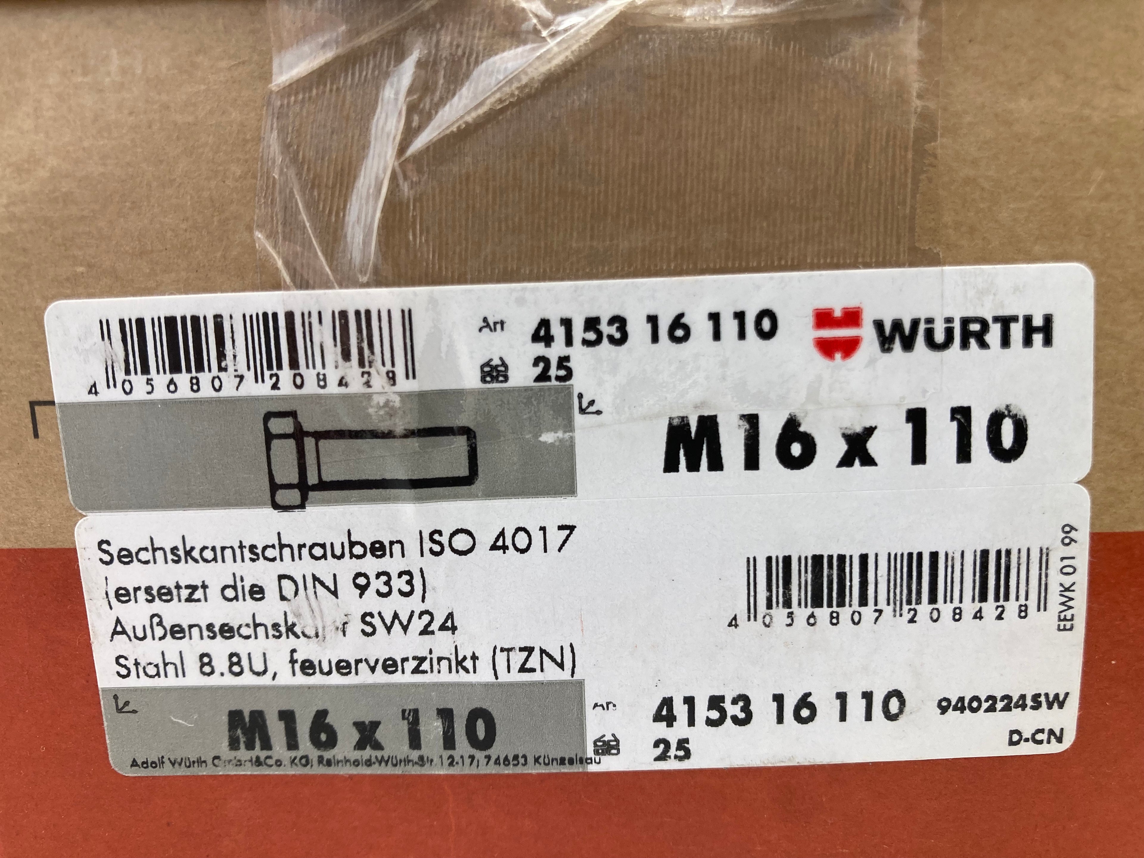 Würth Hexagon Head Bolts M16x110 ISO 4017 - 25 pcs. steel 8.8 hot-dip galvanized
