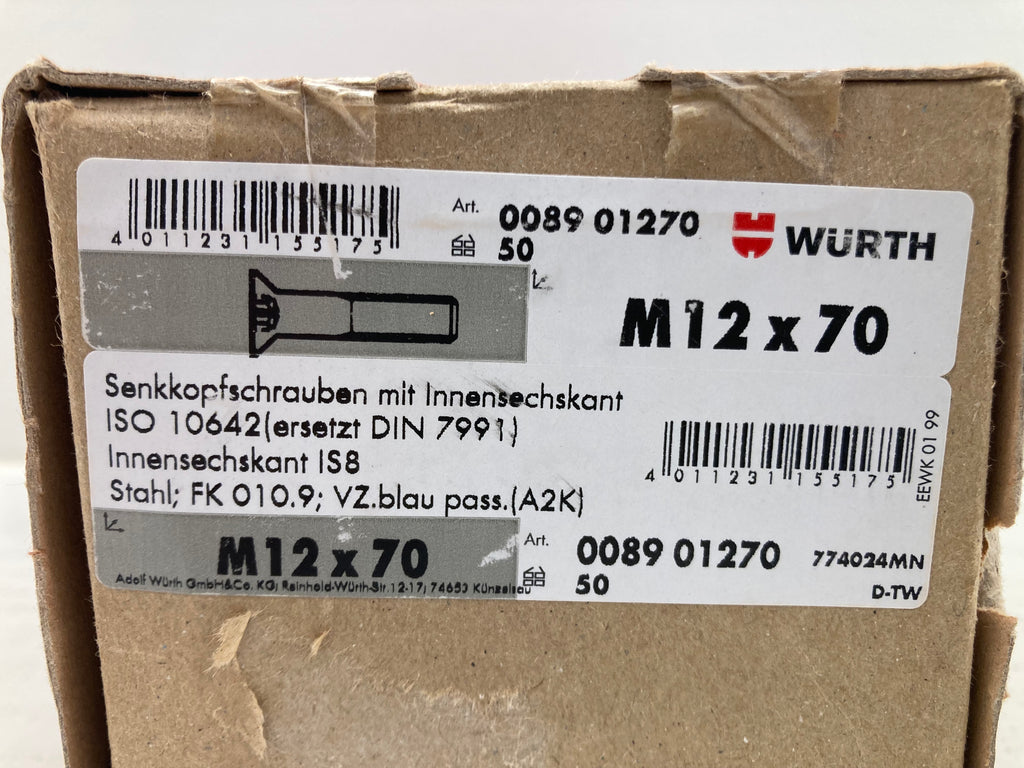 Würth Countersunk Screws M12x70 ISO 10642 Grade 10.9 IS8 - 50 pcs. (New)