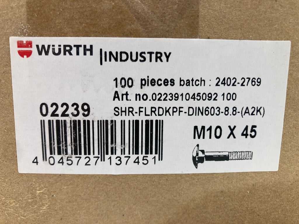 Würth Carriage Bolts M10x45 DIN 603 Grade 8.8 (A2K) - 100 pcs. (New)
