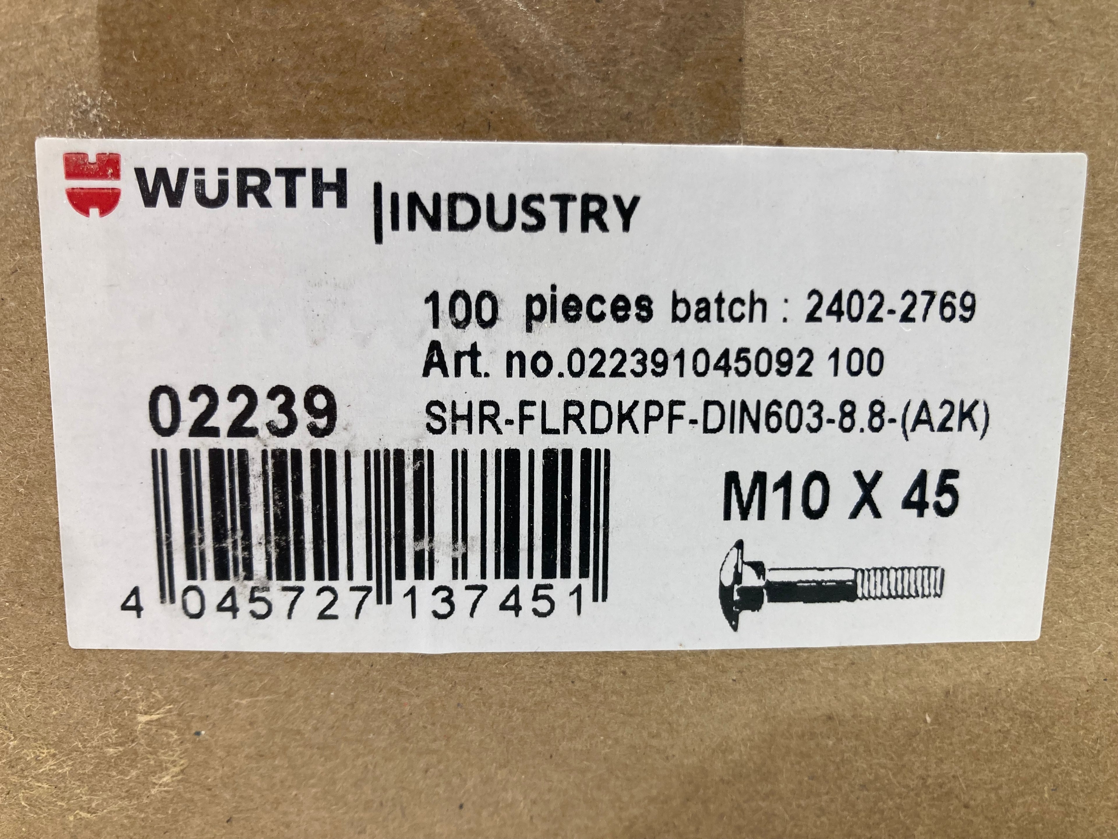 Würth Carriage Bolts M10x45 DIN 603 Grade 8.8 (A2K) - 100 pcs. (New)