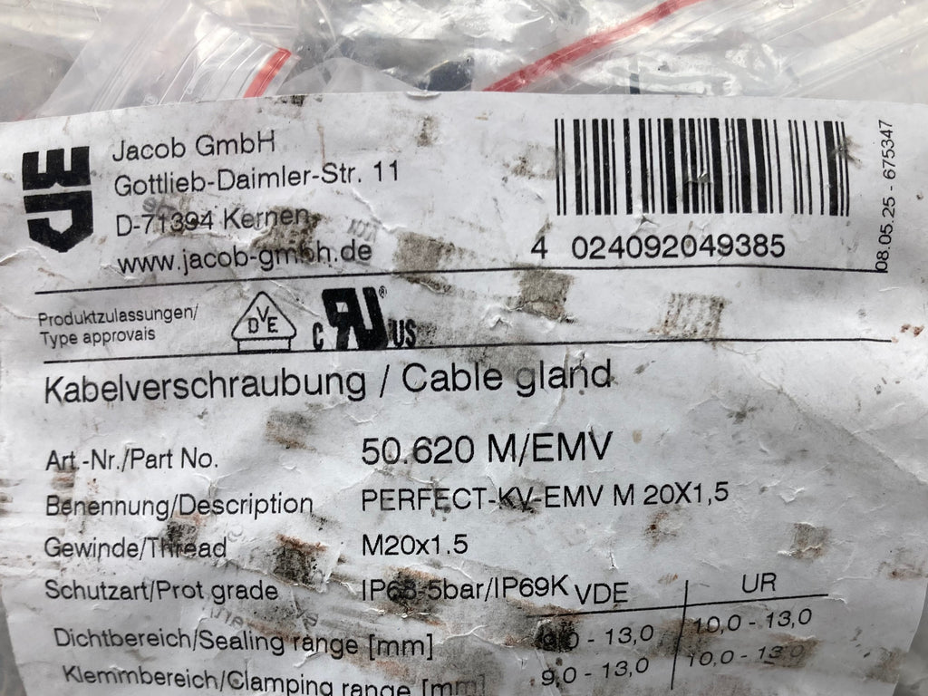 Jacob GmbH 50.620 M/EMV cable gland M20x1.5 IP69K nickel-plated brass with EMC shielding made in Germany
