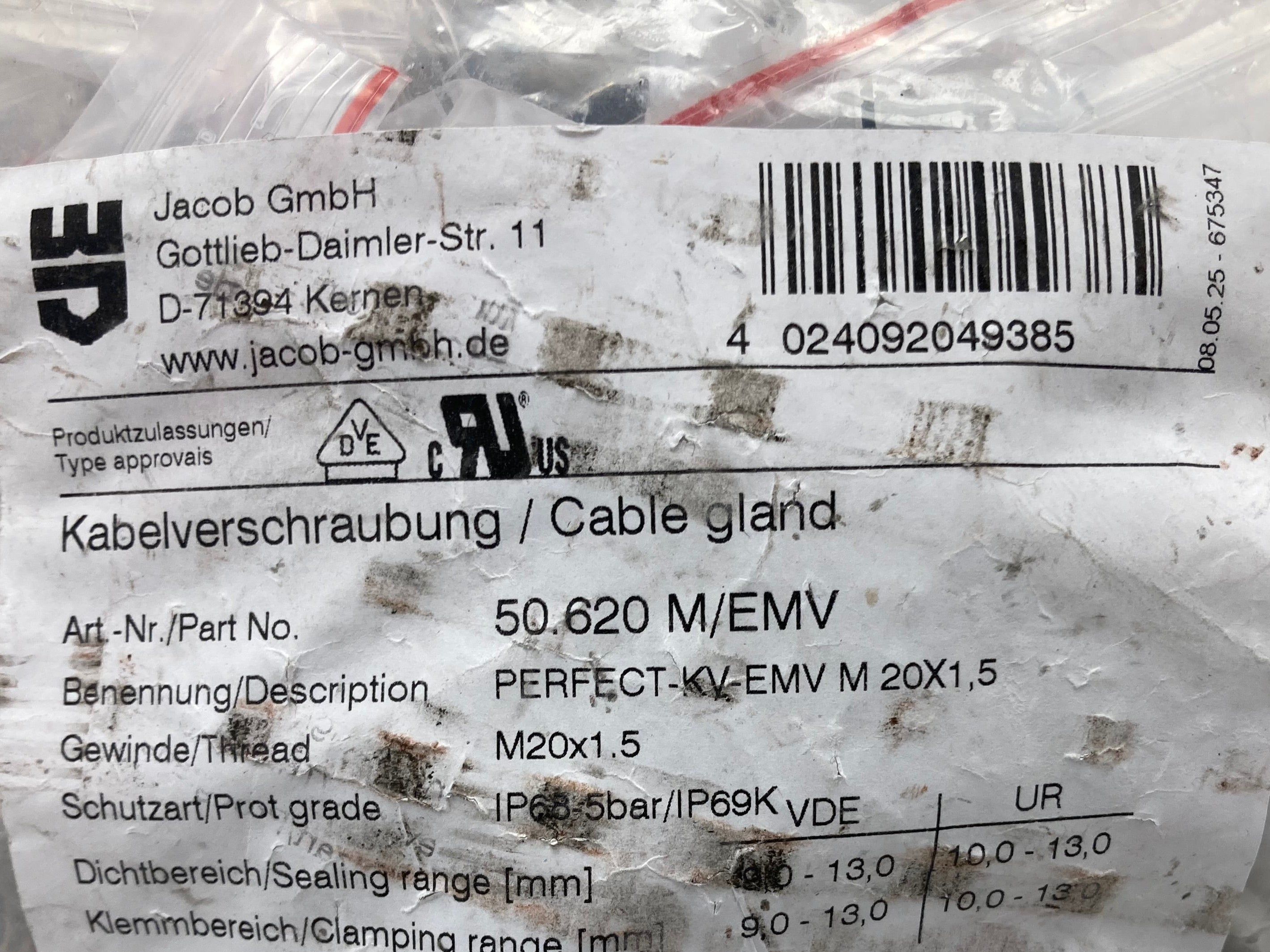 Jacob GmbH 50.620 M/EMV cable gland M20x1.5 IP69K nickel-plated brass with EMC shielding made in Germany
