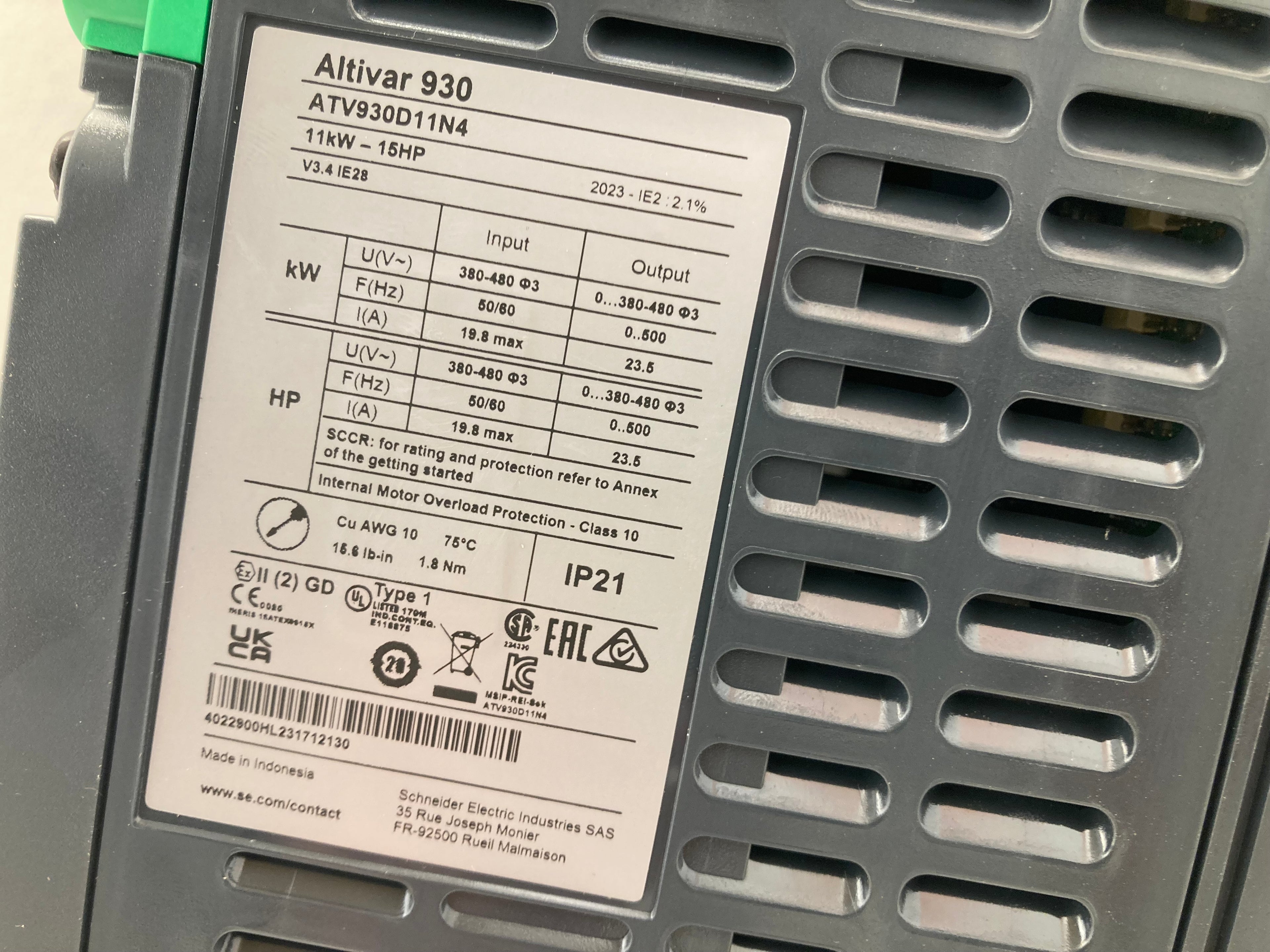 Schneider Electric Altivar 930 ATV930D11N4 frequency drive 11kW 15HP 380-480V AC IP21 with green LCD control panel
