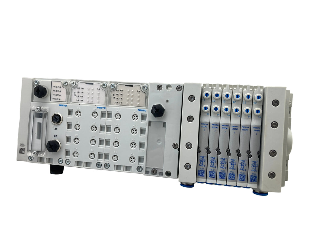 Festo CPX valve manifold assembly with fieldbus module and pneumatic valves
