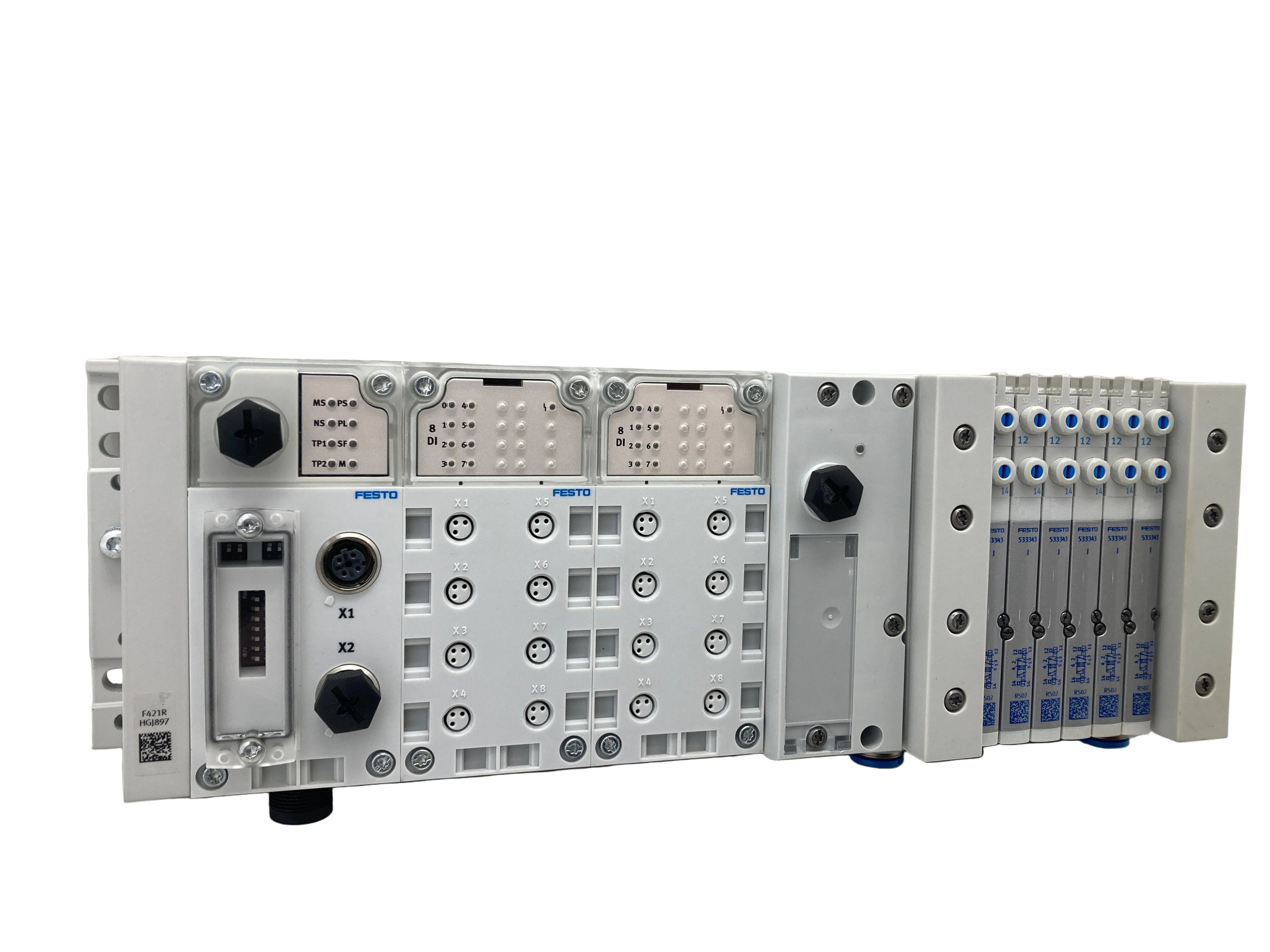 Festo CPX valve manifold assembly with fieldbus module and pneumatic valves
