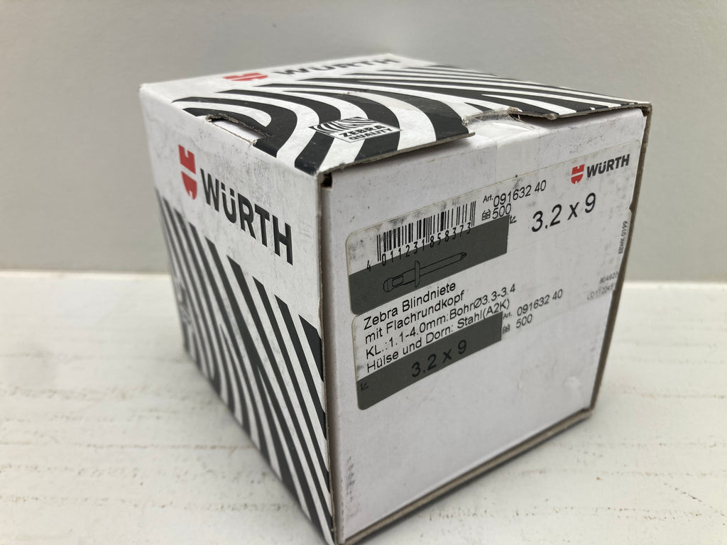 Würth ZEBRA Blind Rivets 3.2x9 Flat Head Steel (A2K) - 500 pcs. (New)