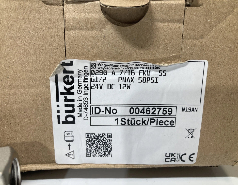 Burkert 0290 A 7/16 FKM SS G1/2 PMAX 58psi. 24V DC 12w. G295224.  Fast Shipping.