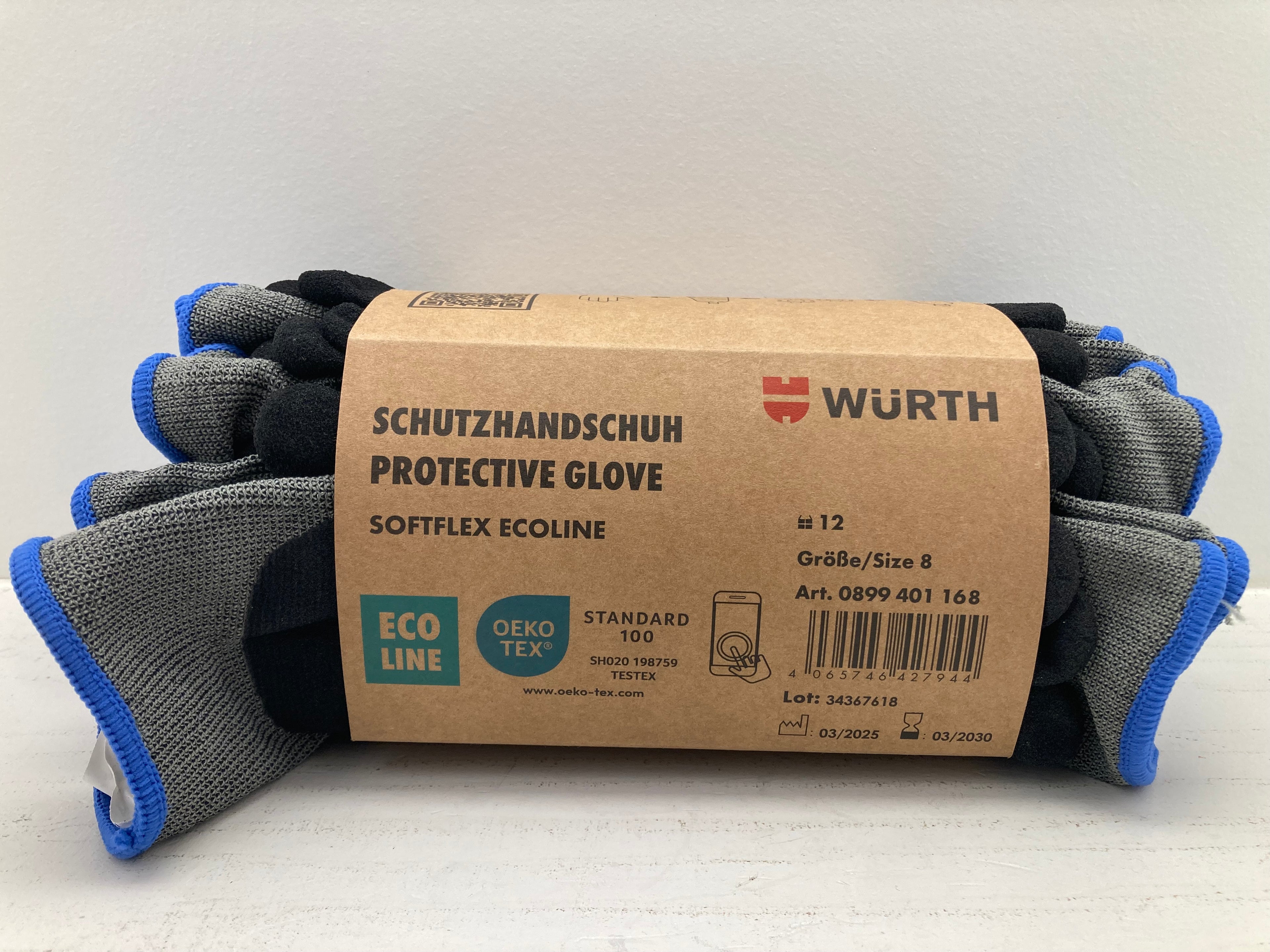 Würth Softflex Ecoline protective gloves size 8 grey knitted with black latex coating OEKO-TEX certified 12 pairs
