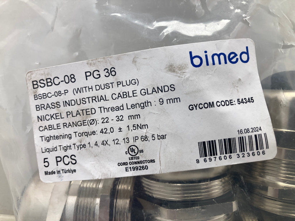 Bimed BSBC-08 PG 36 Brass Cable Glands - 5 stk. nikkelbelagt IP68 kabelforskruninger
