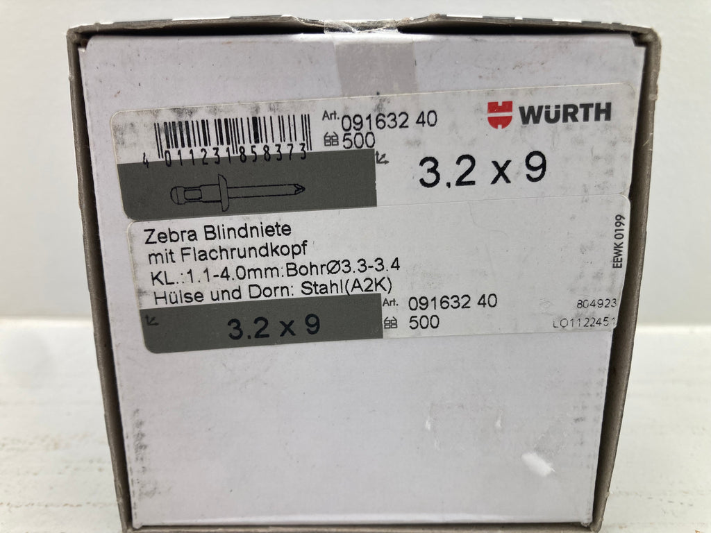 Würth ZEBRA Blind Rivets 3.2x9 Flat Head Steel (A2K) - 500 pcs. (New)