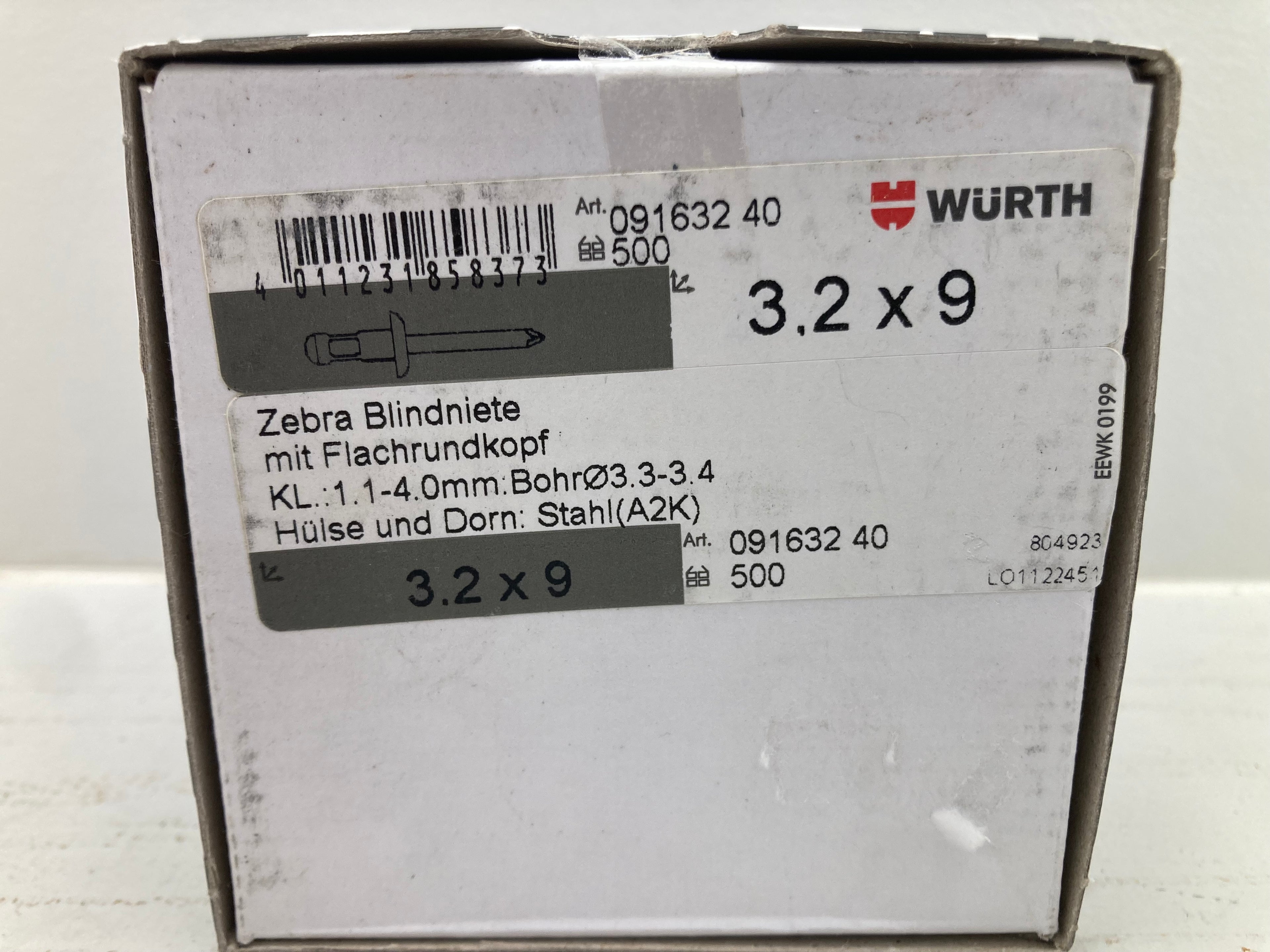 Würth ZEBRA Blind Rivets 3.2x9 Flat Head Steel (A2K) - 500 pcs. (New)