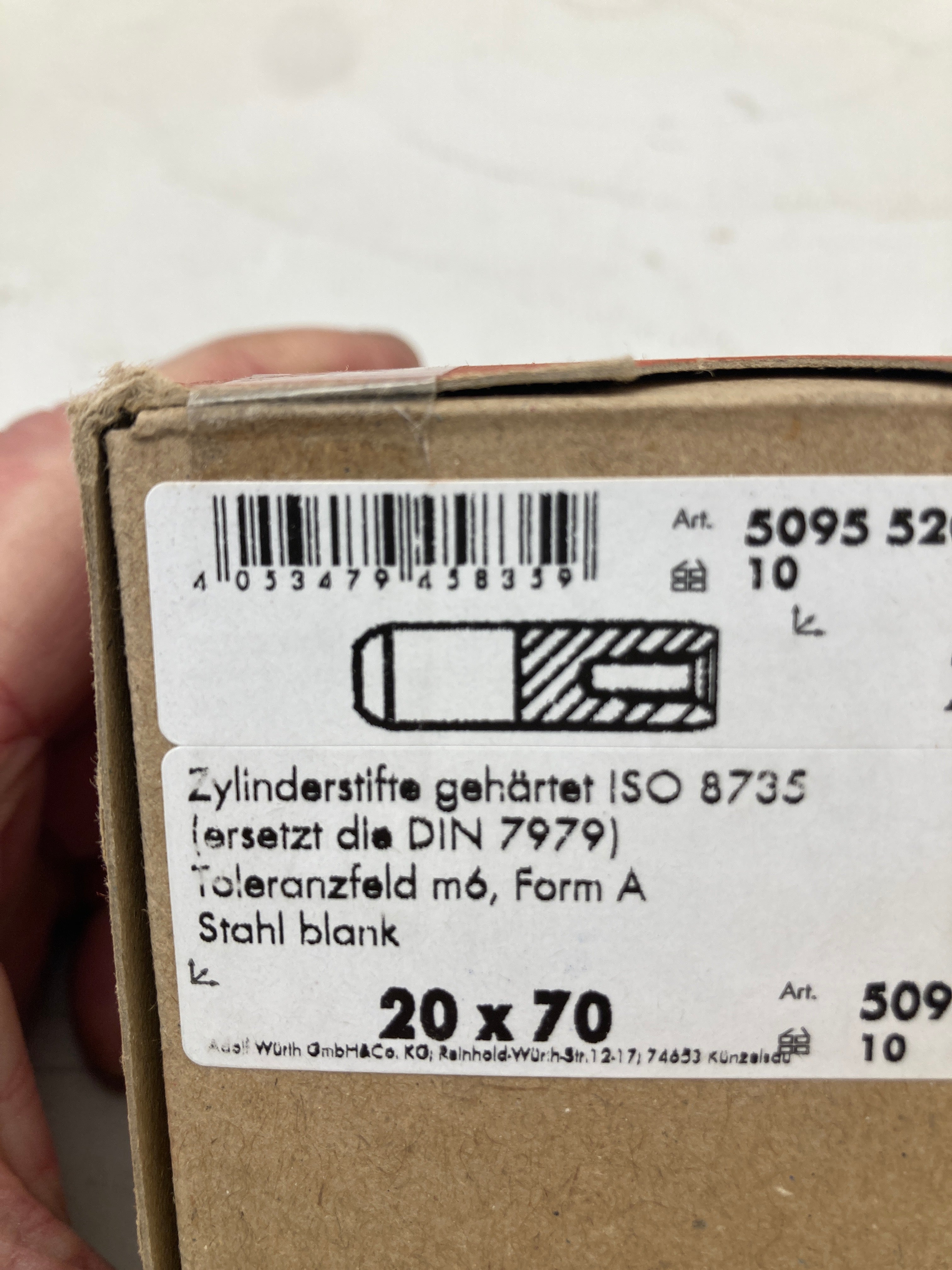 Würth 5095 520070 hardened cylindrical pins ISO 8735 20x70mm m6 tolerance with chamfer and taper
