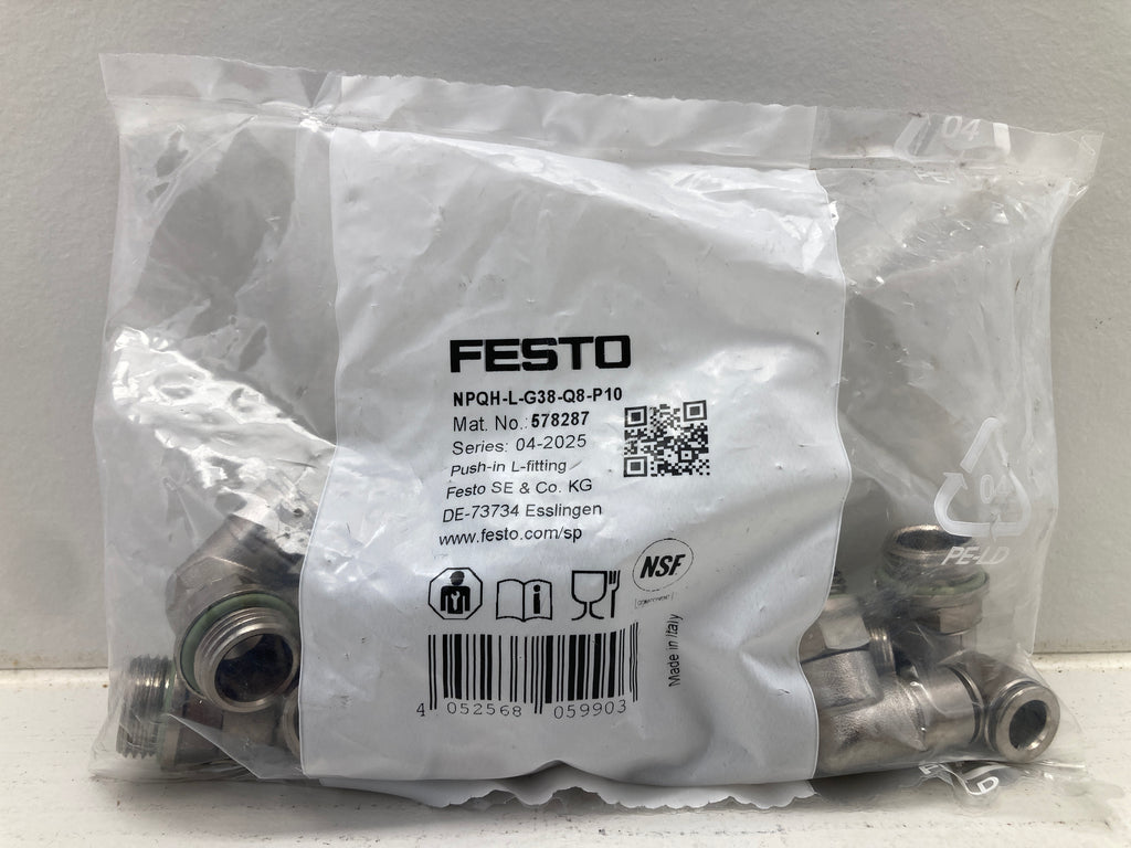 Festo NPQH-L-G38-Q8-P10 Push-in L-Fitting 578287 - 10 stk. NSF-certificerede pneumatiske vinkelfittings
