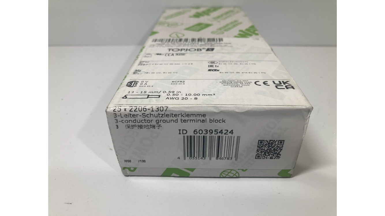25ps. 2206-1307, WAGO, Topjob Ground Block With Push-Buttons; 3-Conductor.