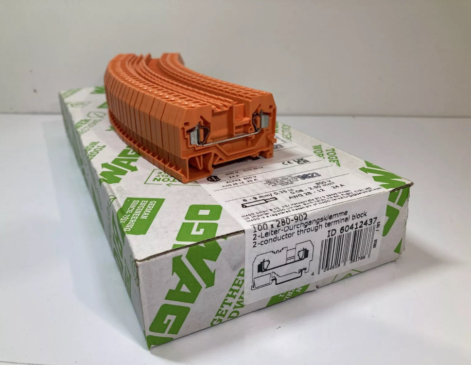 100pcs. WAGO 280-902 Feed Through Terminal Block, 2.5mm² DIN rails Cage Clamp.