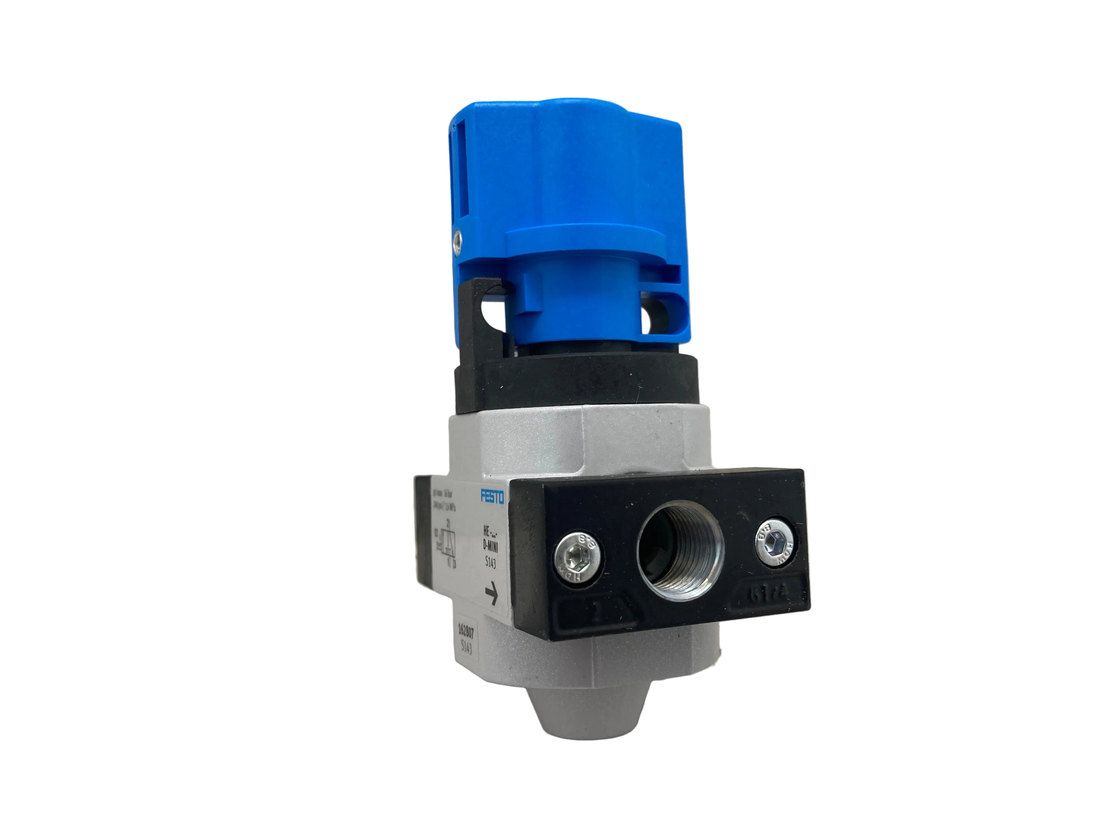 Festo HE-1/4-D-MINI on/off valve 162807 1/4 inch 16 bar with blue manual rotary knob made in Hungary
