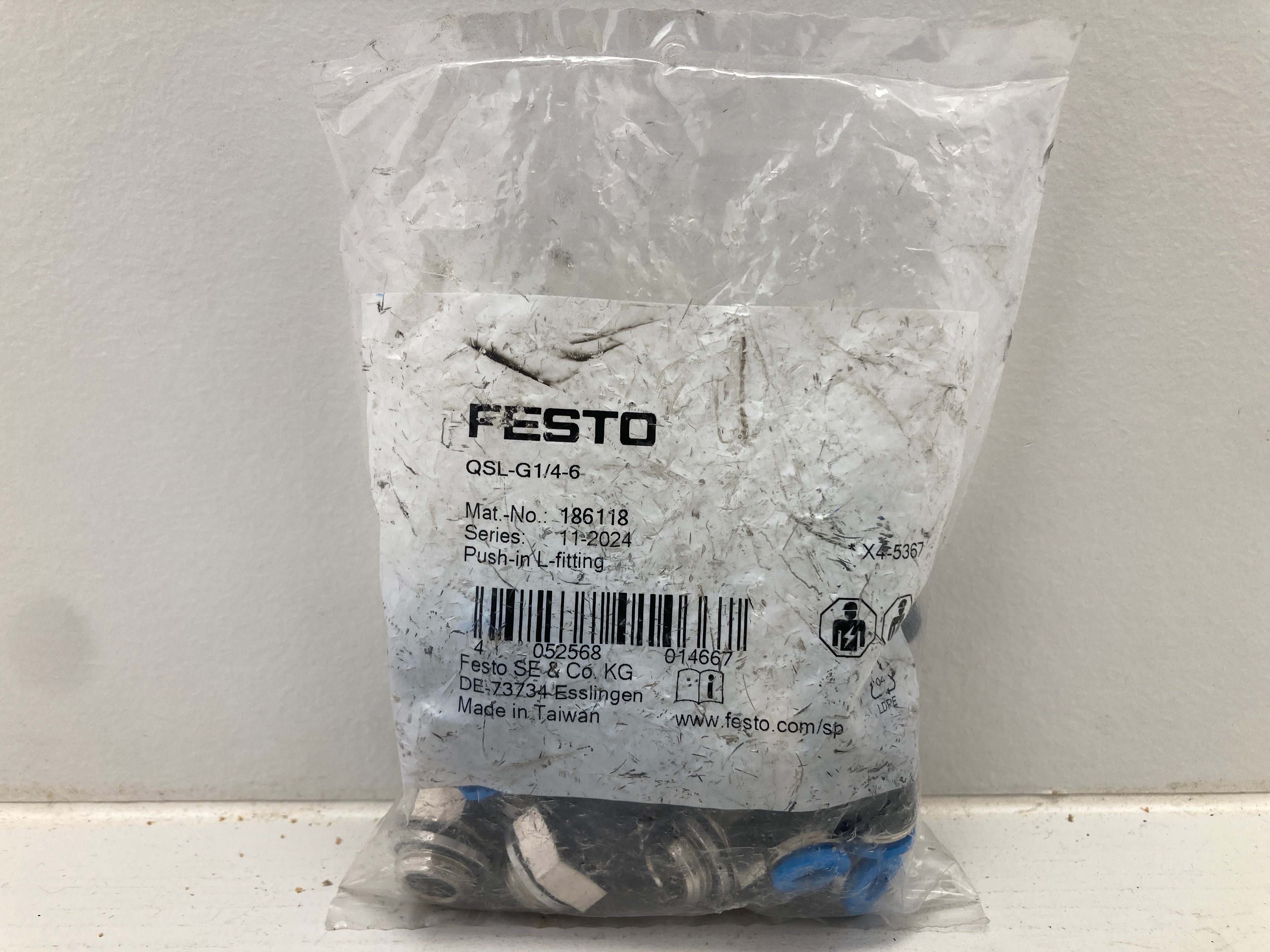 Festo QSL-G1/4-6 Push-in L-Fitting 186118 - Emballage med 10 stk. pneumatiske vinkelfittings
