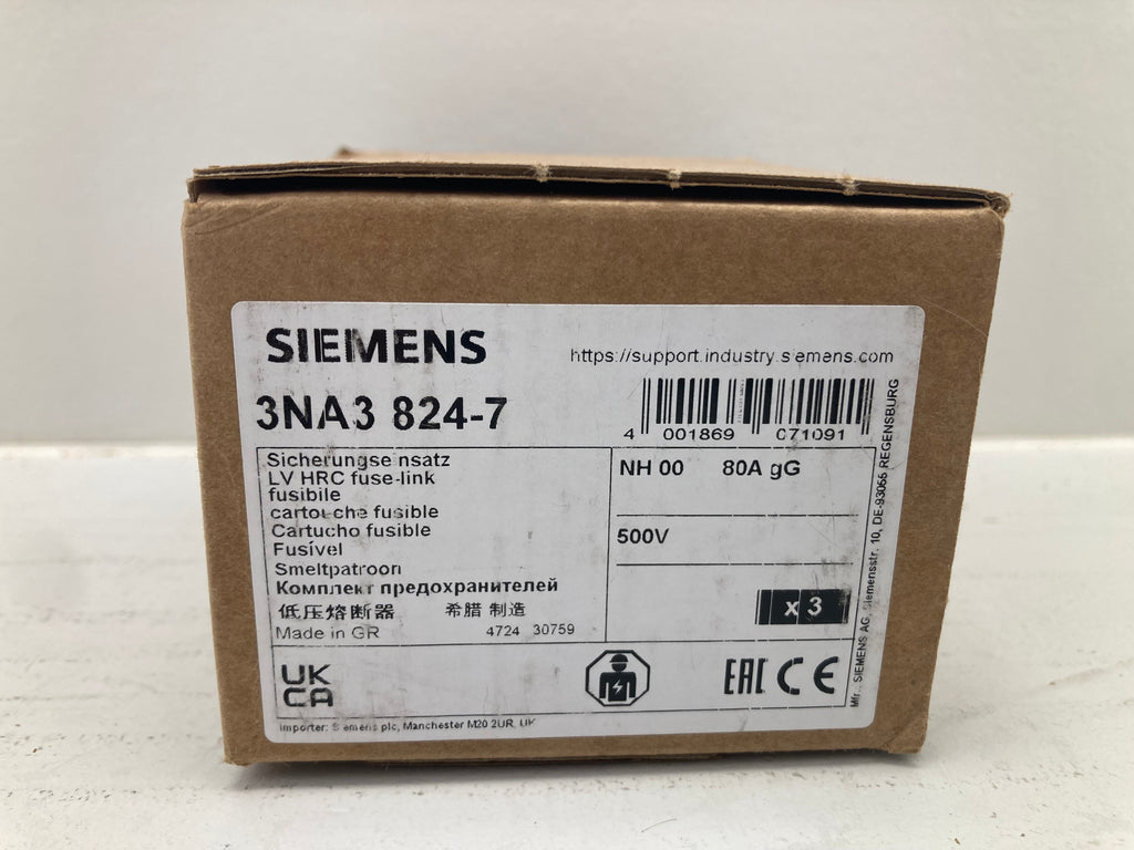 Siemens 3NA3 824-7 HRC Fuse-Link NH00 80A 500V - 3 stk. professionelle sikringer
