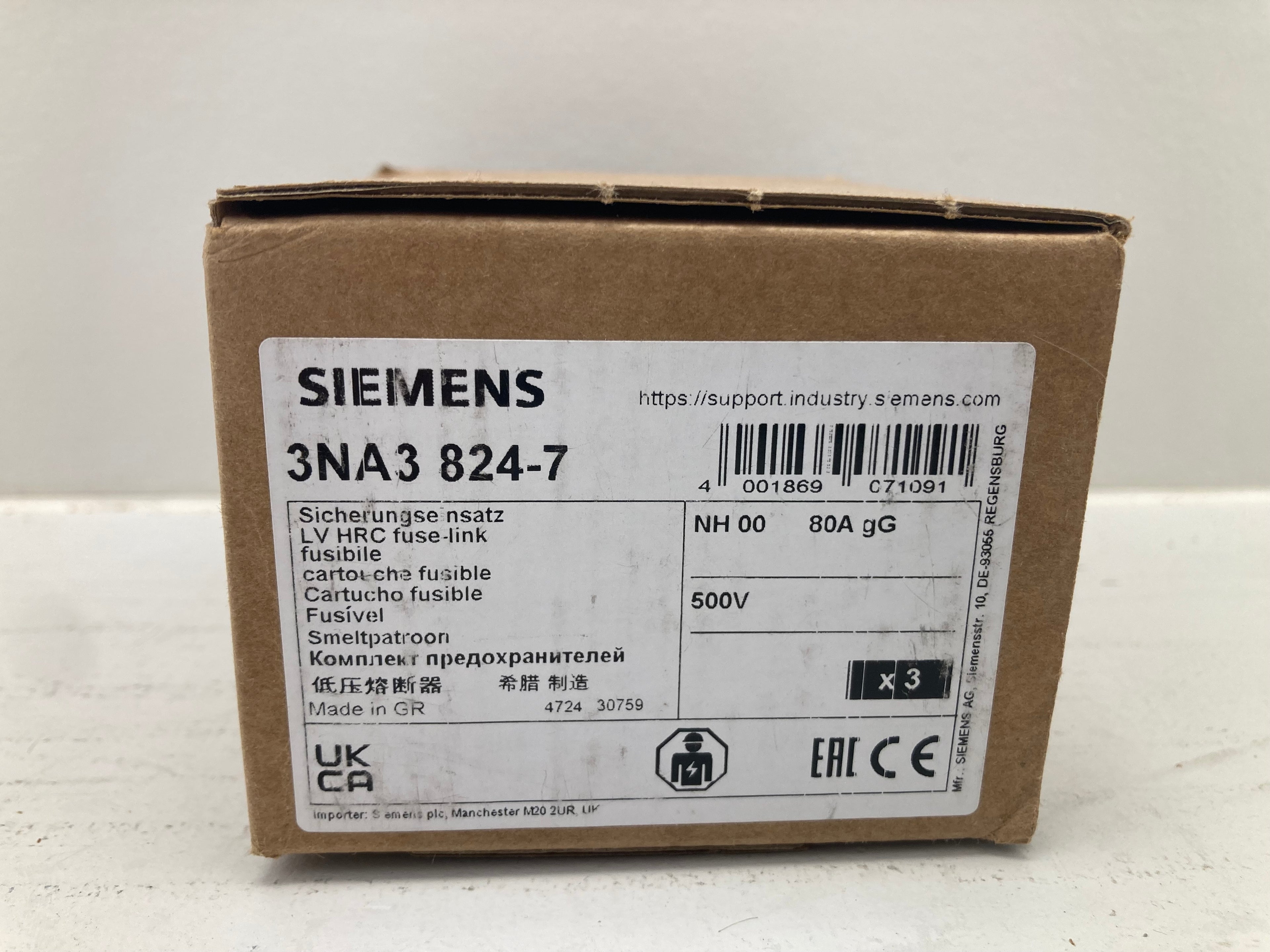 Siemens 3NA3 824-7 HRC Fuse-Link NH00 80A 500V - 3 stk. professionelle sikringer
