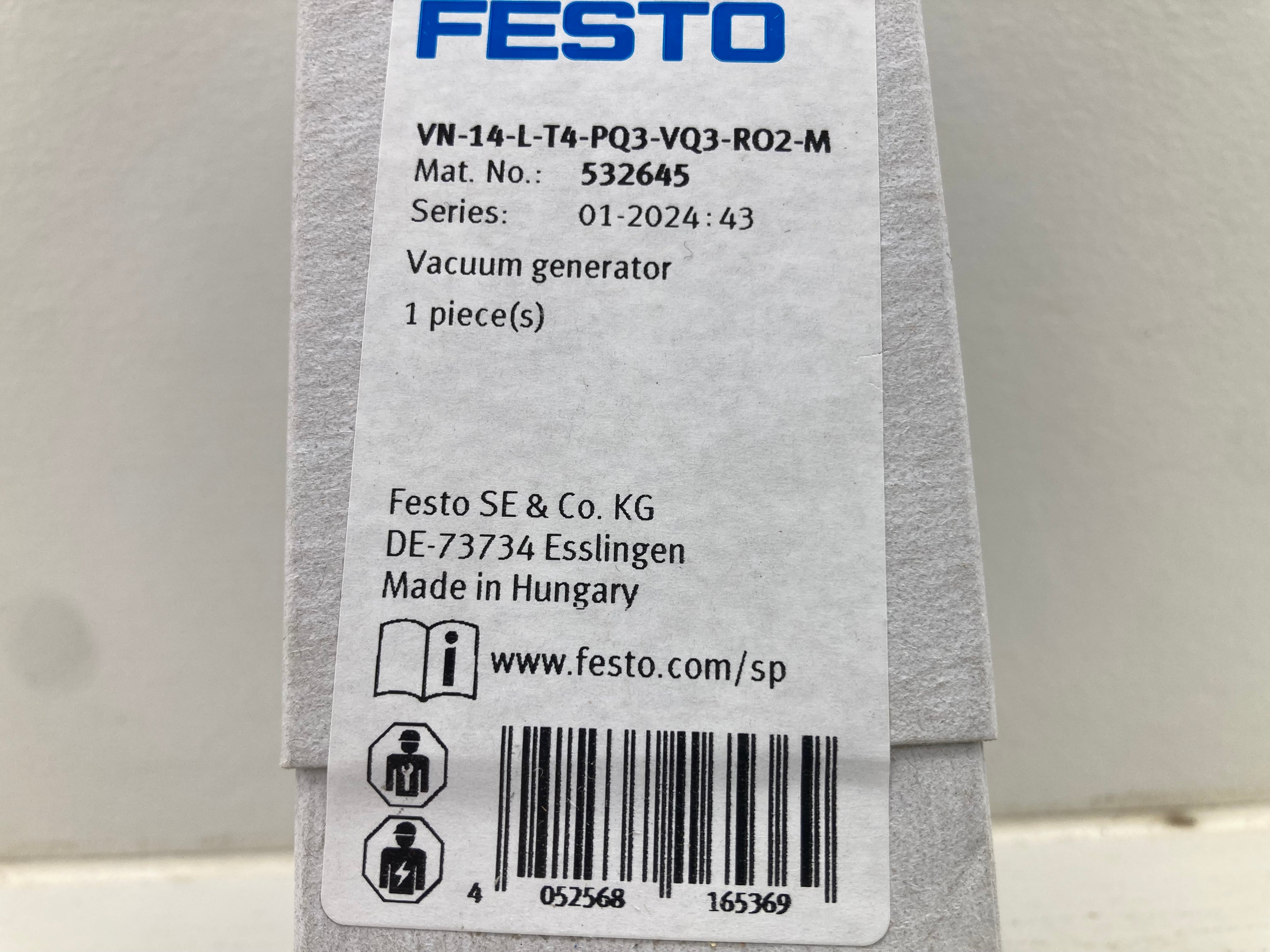 Festo VN-14-L-T4-PQ3-VQ3-RO2-M vacuum generator 532645 with push-in connections for industrial automation made in Hungary
