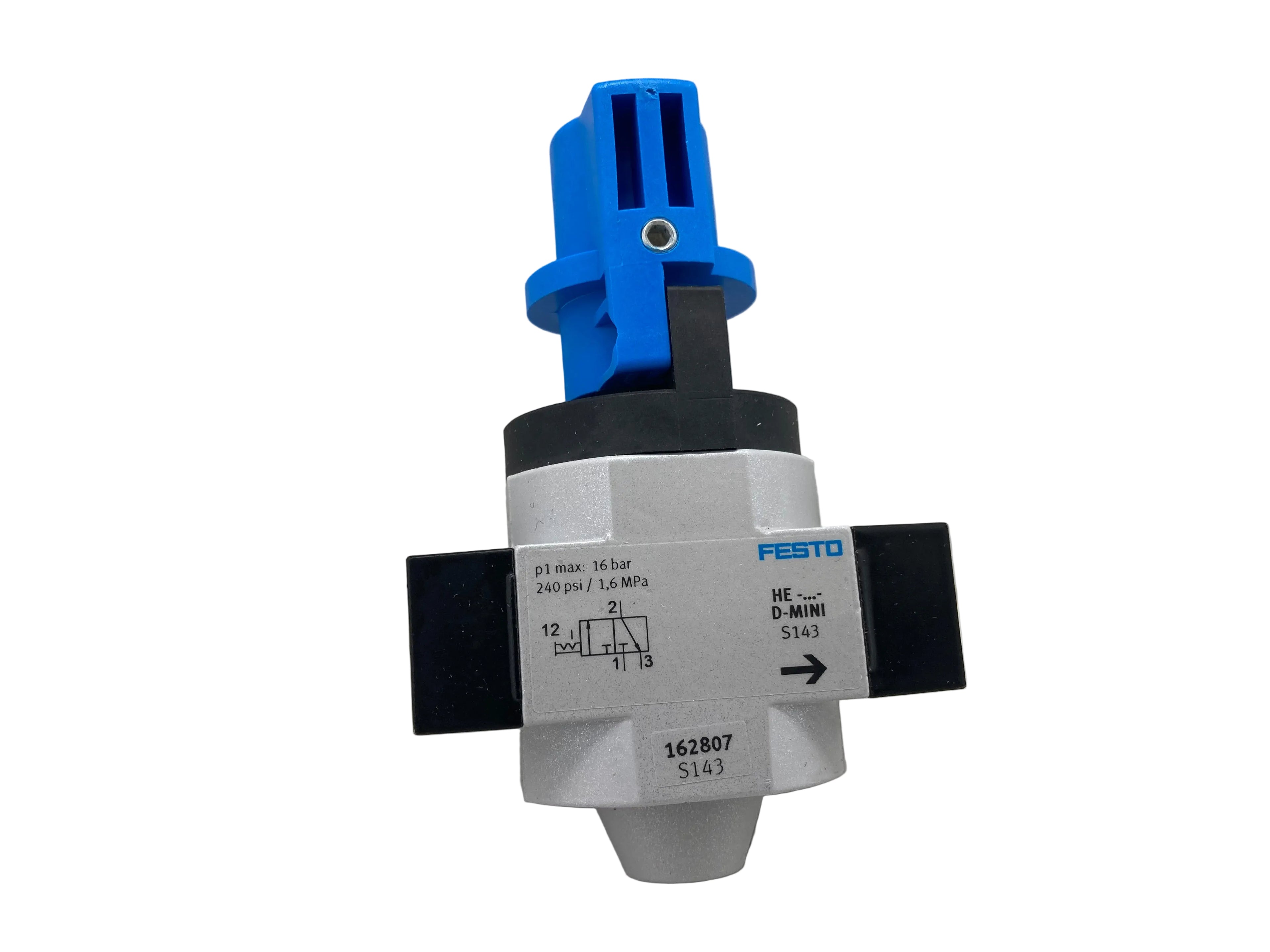 Festo HE-1/4-D-MINI on/off valve 162807 1/4 inch 16 bar with blue manual rotary knob made in Hungary
