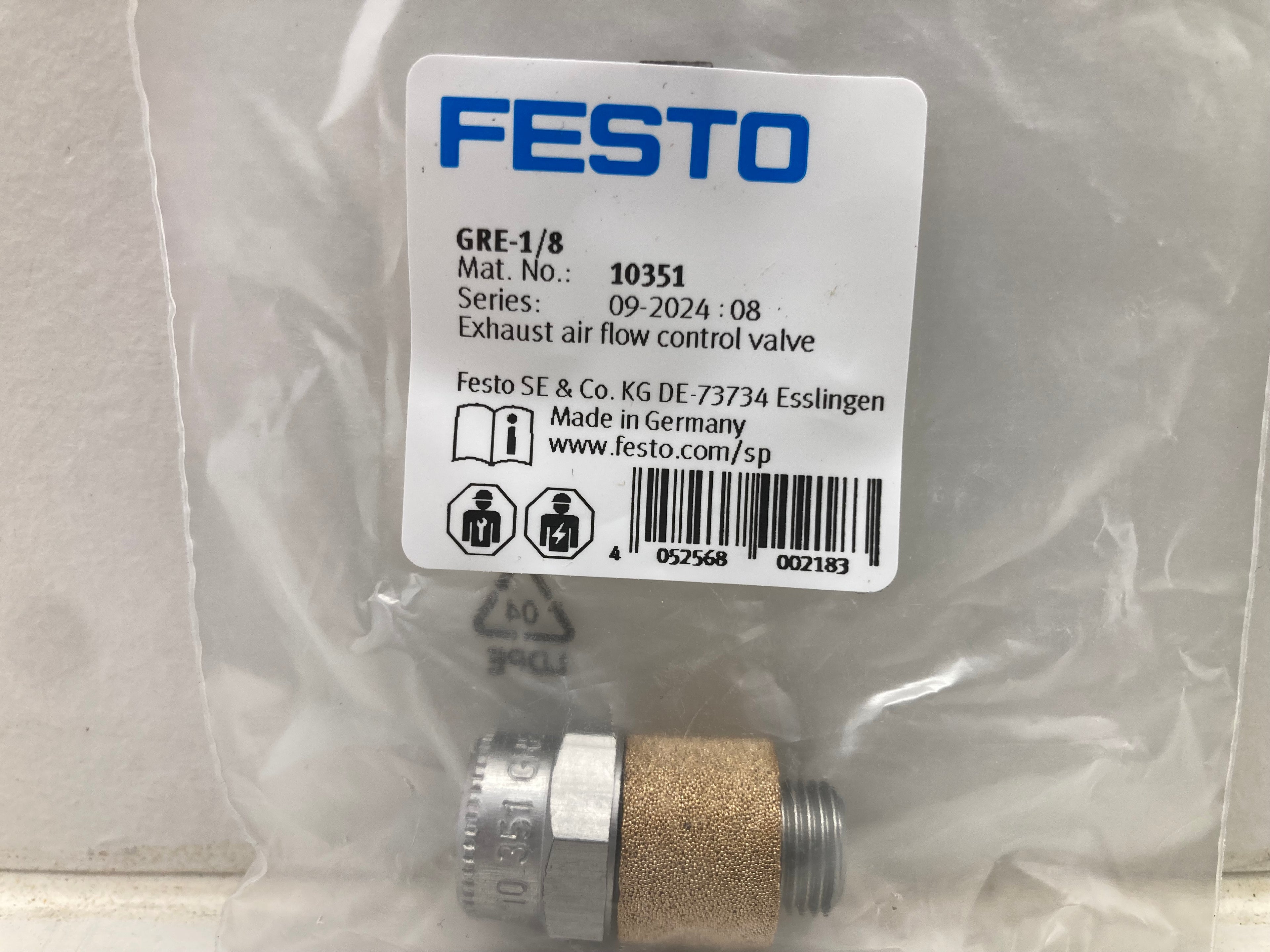 Festo GRF-1/8 udluftningsventil med flowkontrol og sintret bronze lyddemper

