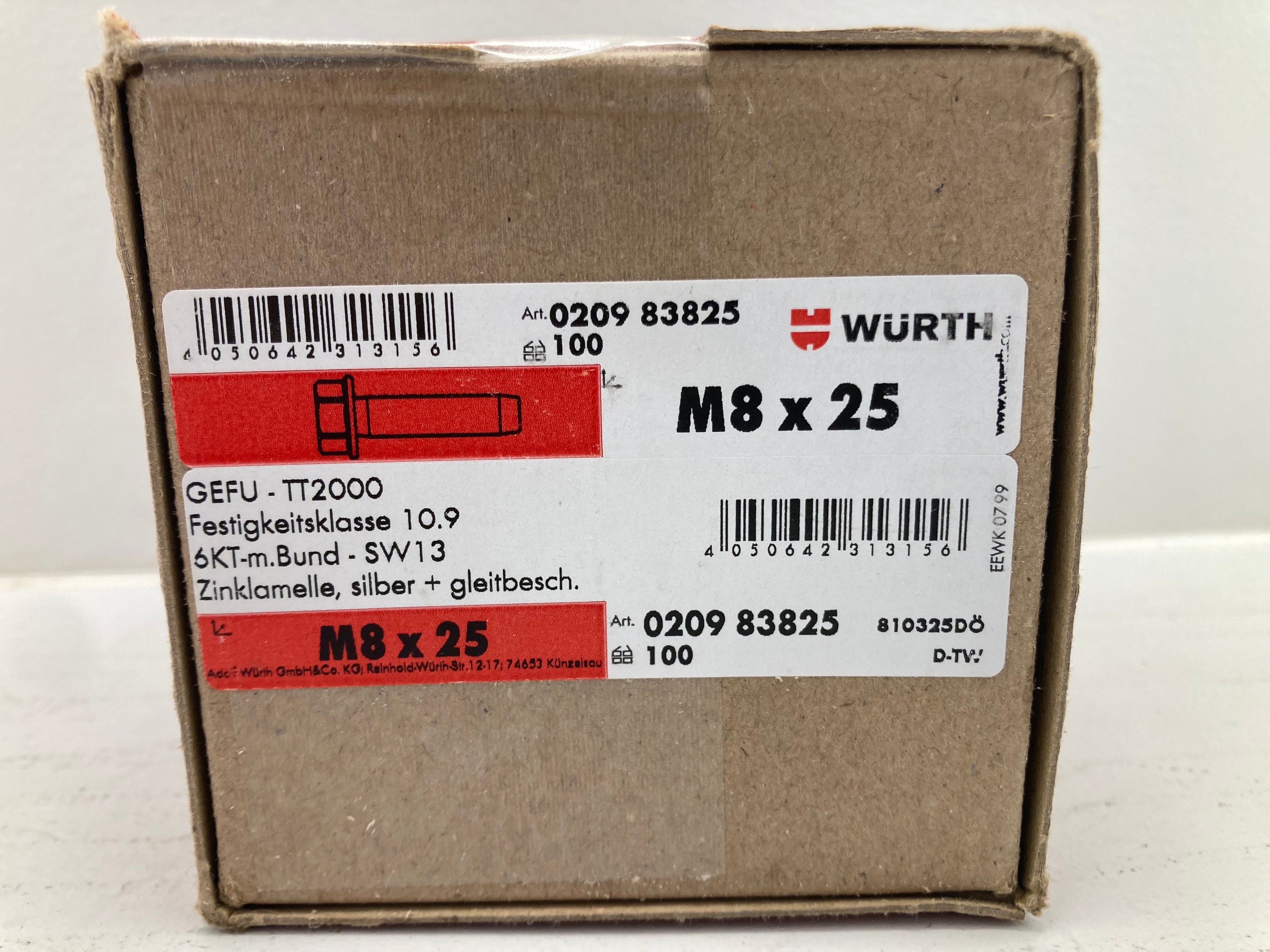 Würth GEFU-TT2000 Flange Screws M8x25 020983825 - 100 pcs. strength class 10.9 zinc flake coating
