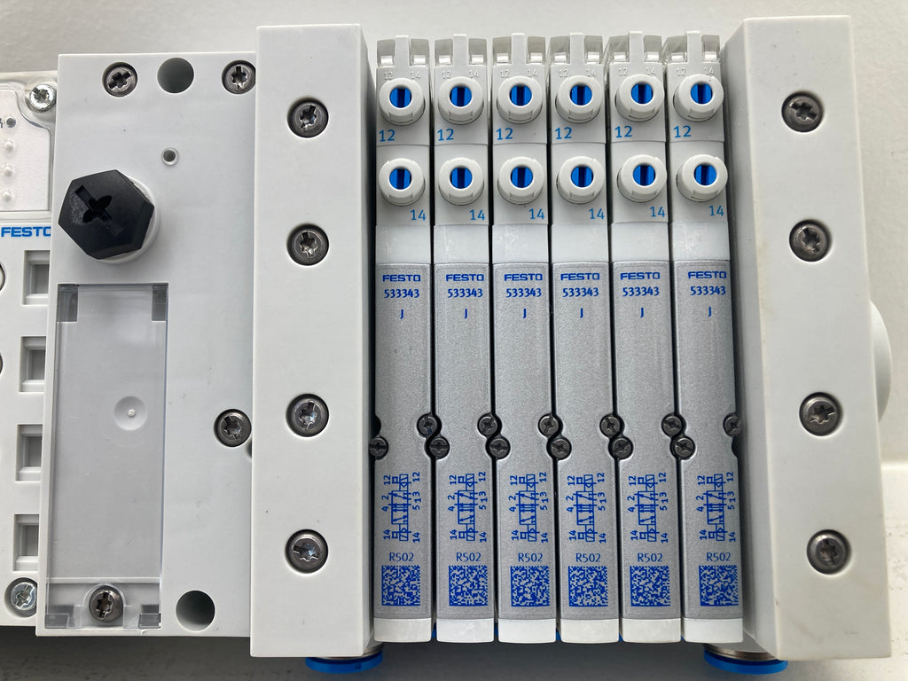 Festo CPX valve manifold assembly with fieldbus module and pneumatic valves
