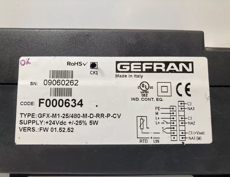 GEFRAN GFX-M1-25/480-M-D-RR-P-CV temperature controller for industrial process control
