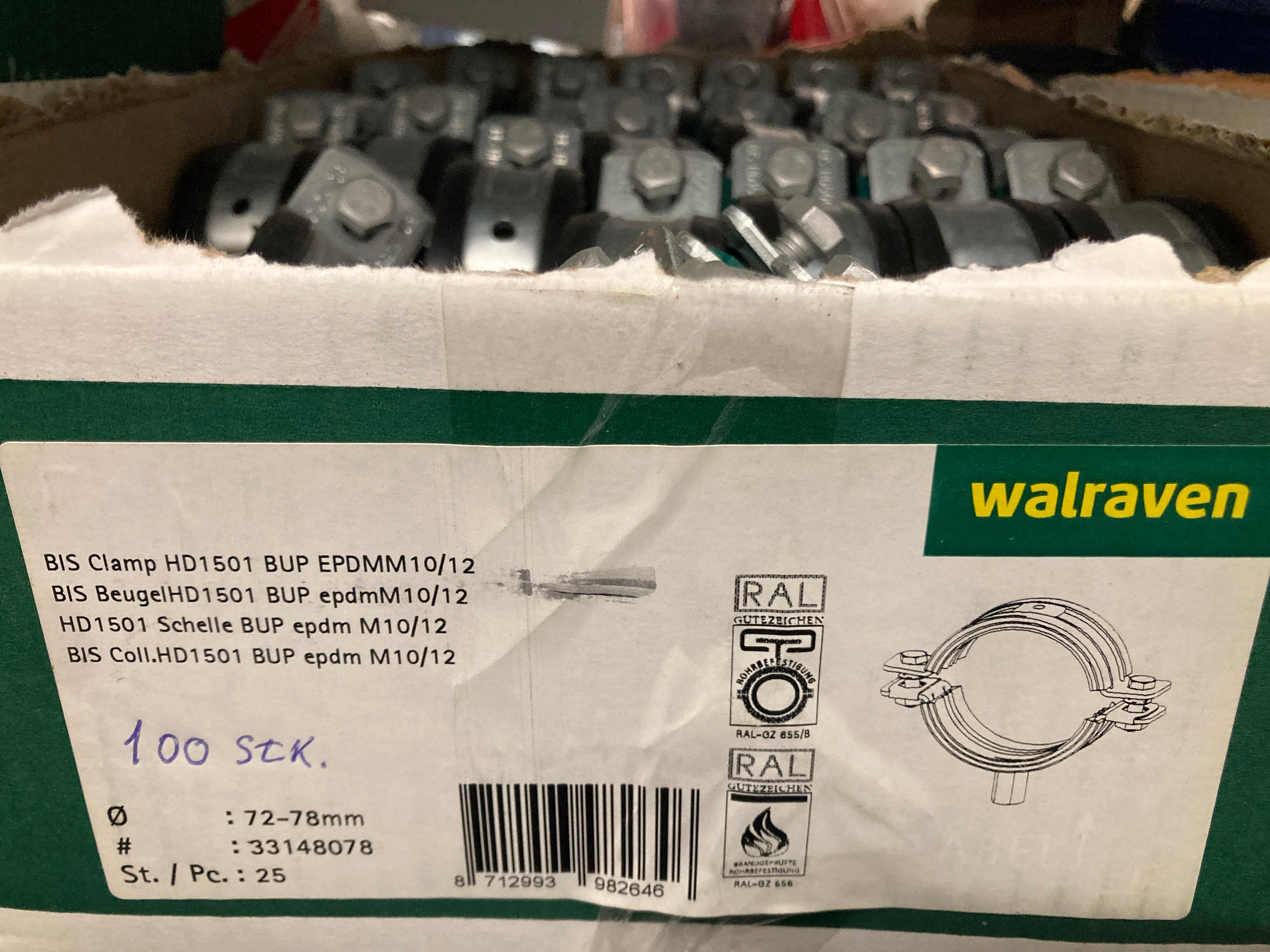 Walraven BIS HD1501 pipe clamp with EPDM rubber for 72-78mm pipes M10/12 thread galvanized steel
