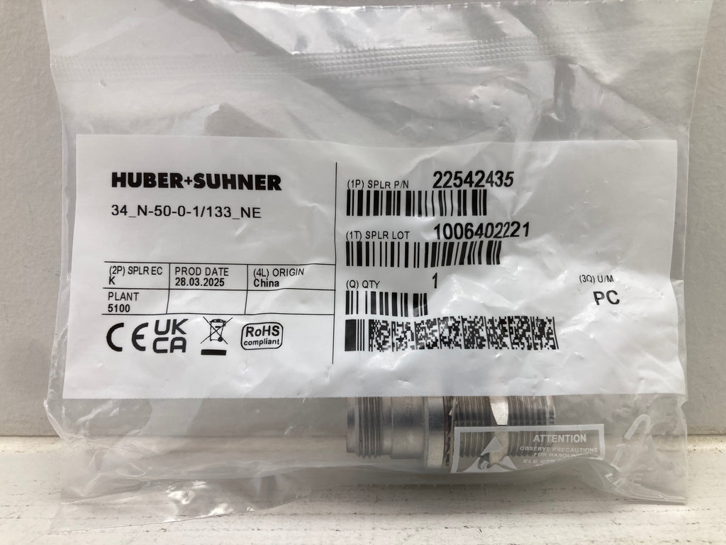 Huber+Suhner N-type RF bulkhead adapter 50 Ohm

