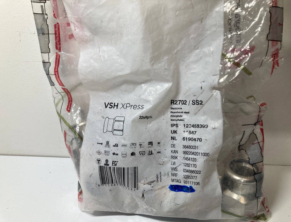 VSH XPress R2702 stainless steel press fitting 22mm 3/4 RP thread 9 pieces
