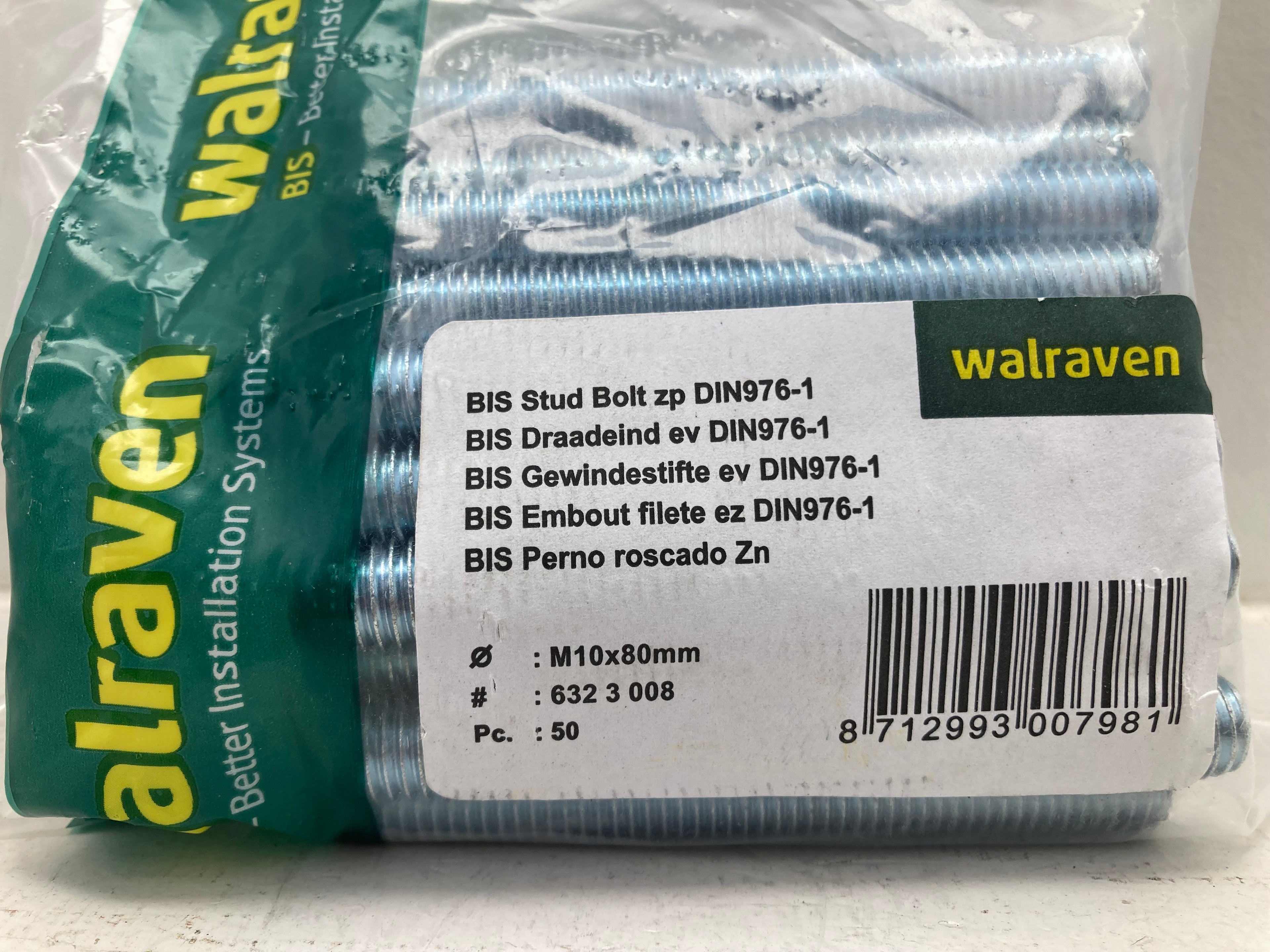 Walraven BIS threaded stud bolts M10x80mm DIN976-1 zinc-plated for plumbing and industrial installations
