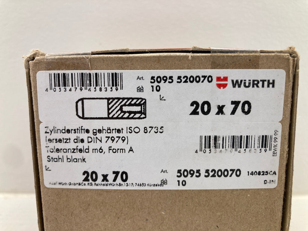 Würth 5095 520070 hardened cylindrical pins ISO 8735 20x70mm m6 tolerance with chamfer and taper
