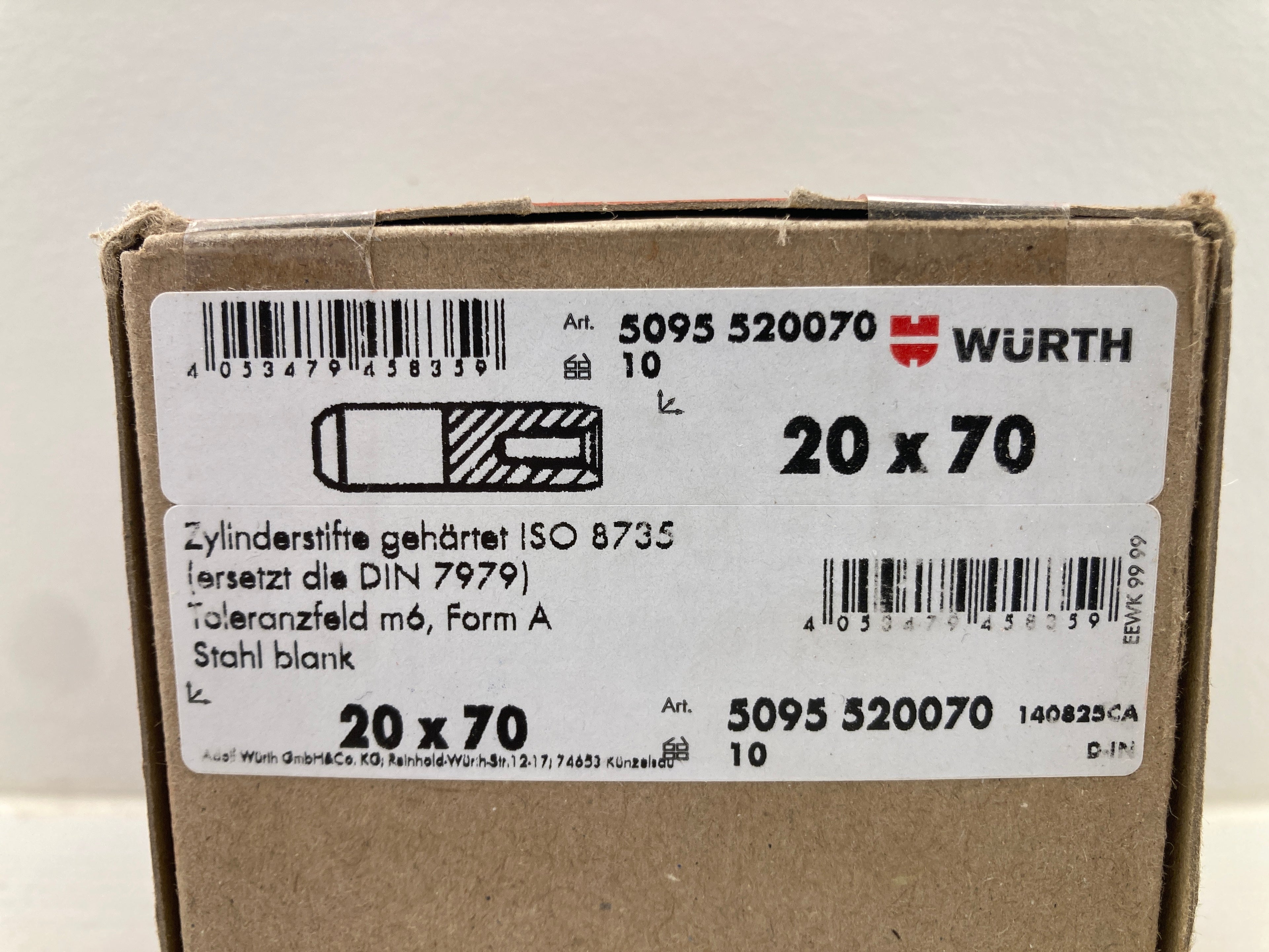Würth 5095 520070 hardened cylindrical pins ISO 8735 20x70mm m6 tolerance with chamfer and taper
