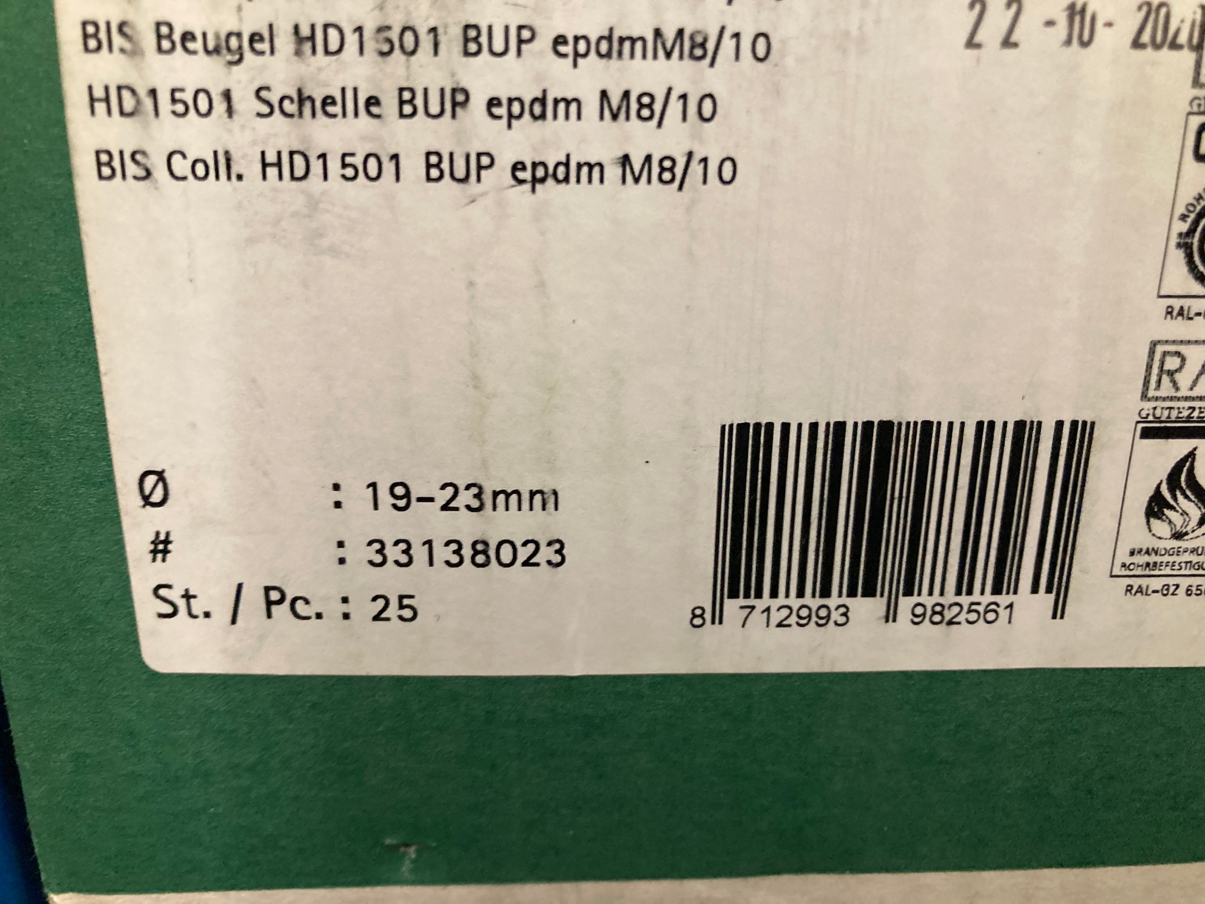 Walraven BIS HD1501 pipe clamp with EPDM rubber for 19-23mm pipes M8/10 thread galvanized steel green bracket
