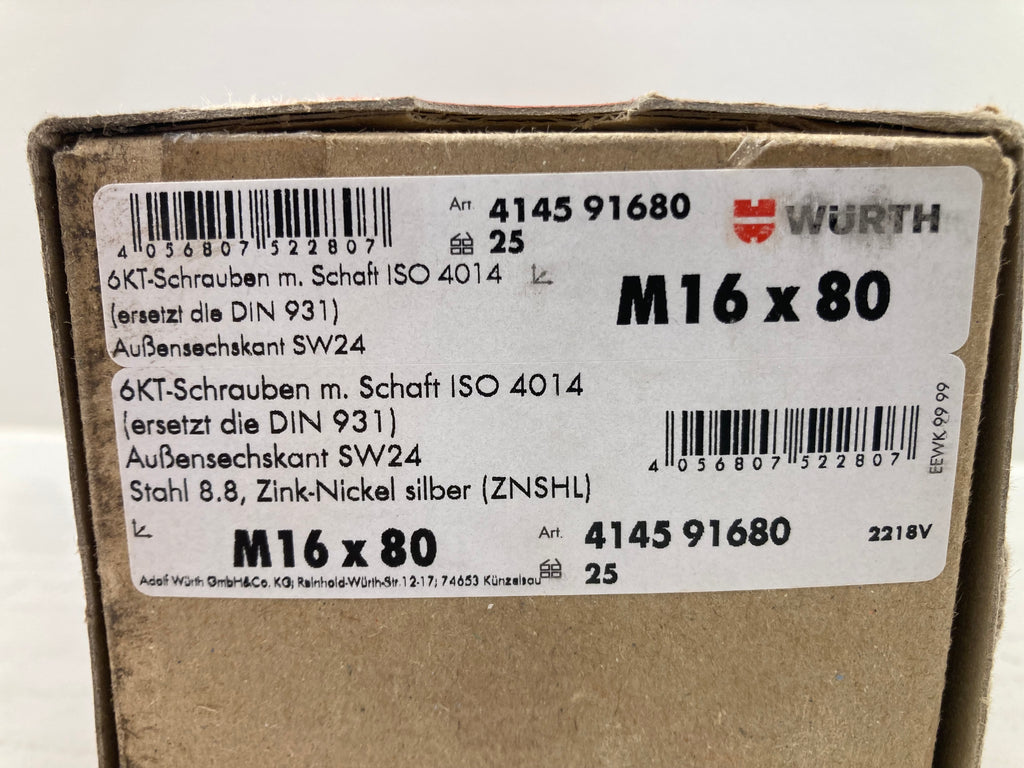 Würth Hexagon Head Bolts M16x80 ISO 4014 Grade 8.8 SW24 - 25 pcs. (New)