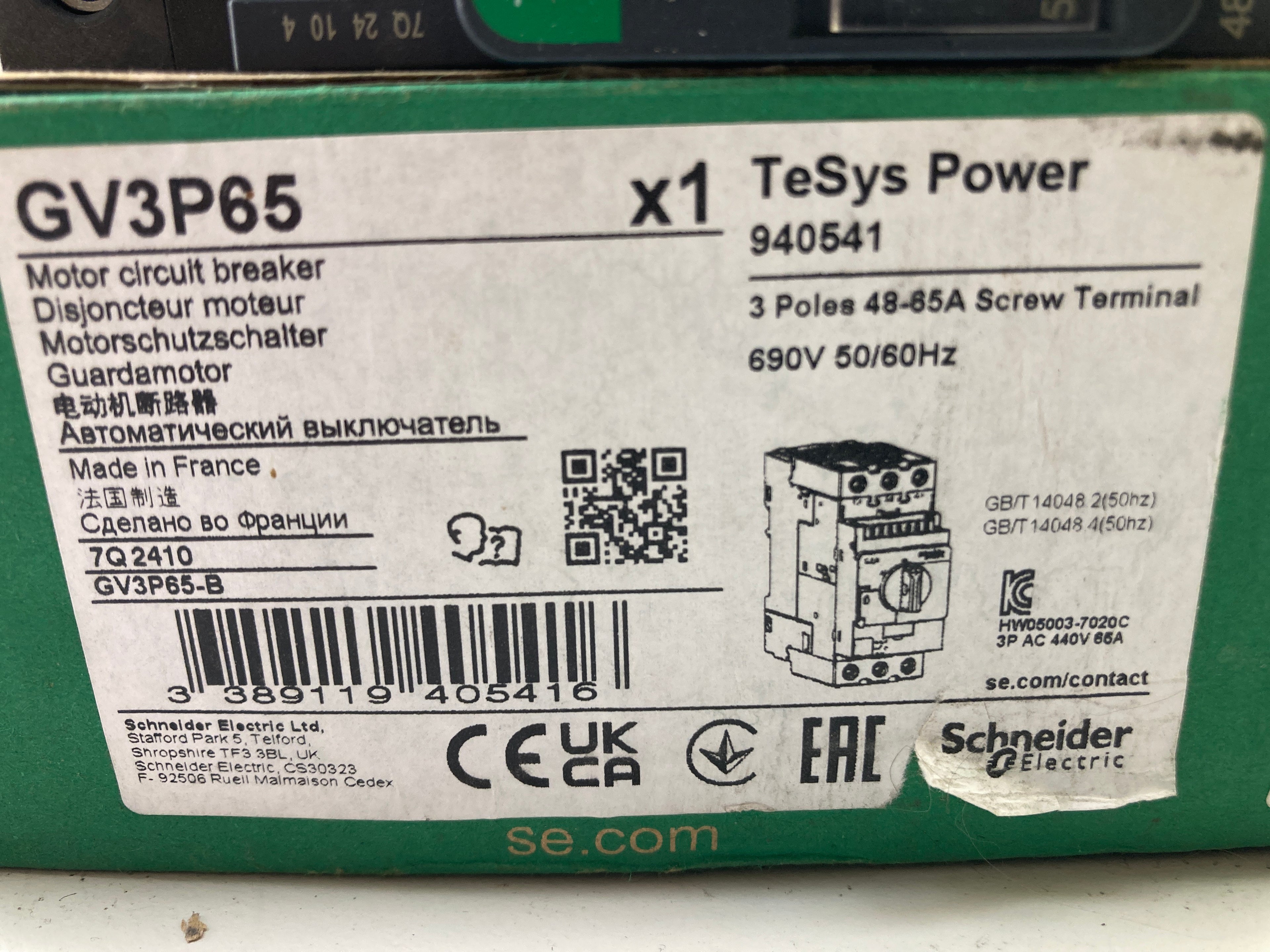Schneider Electric GV3P65 motor circuit breaker 48-65A 3-pole TeSys Power
