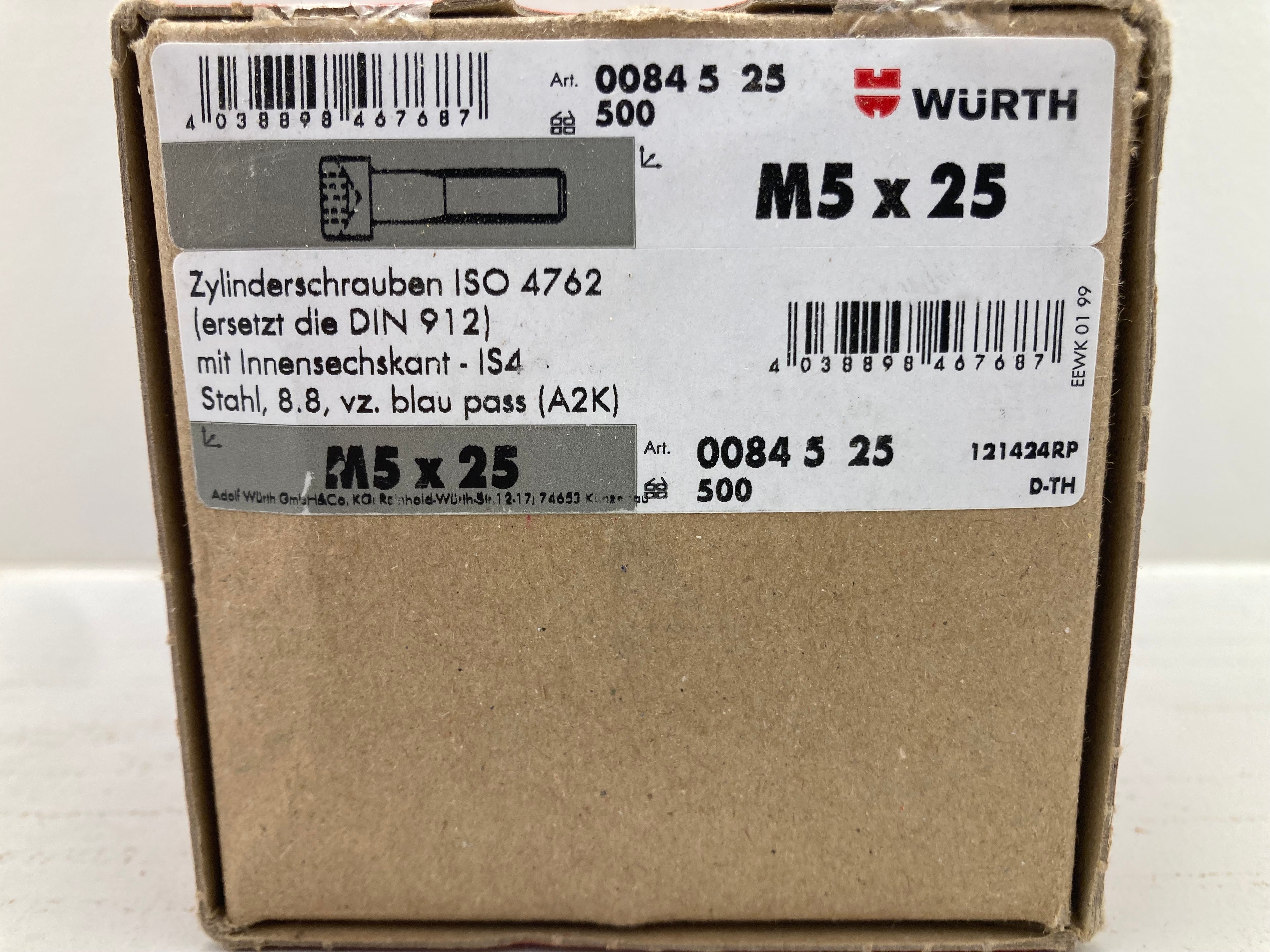 Würth Socket Head Cap Screws M5x25 ISO 4762 Grade 8.8 - 500 pcs. (New)