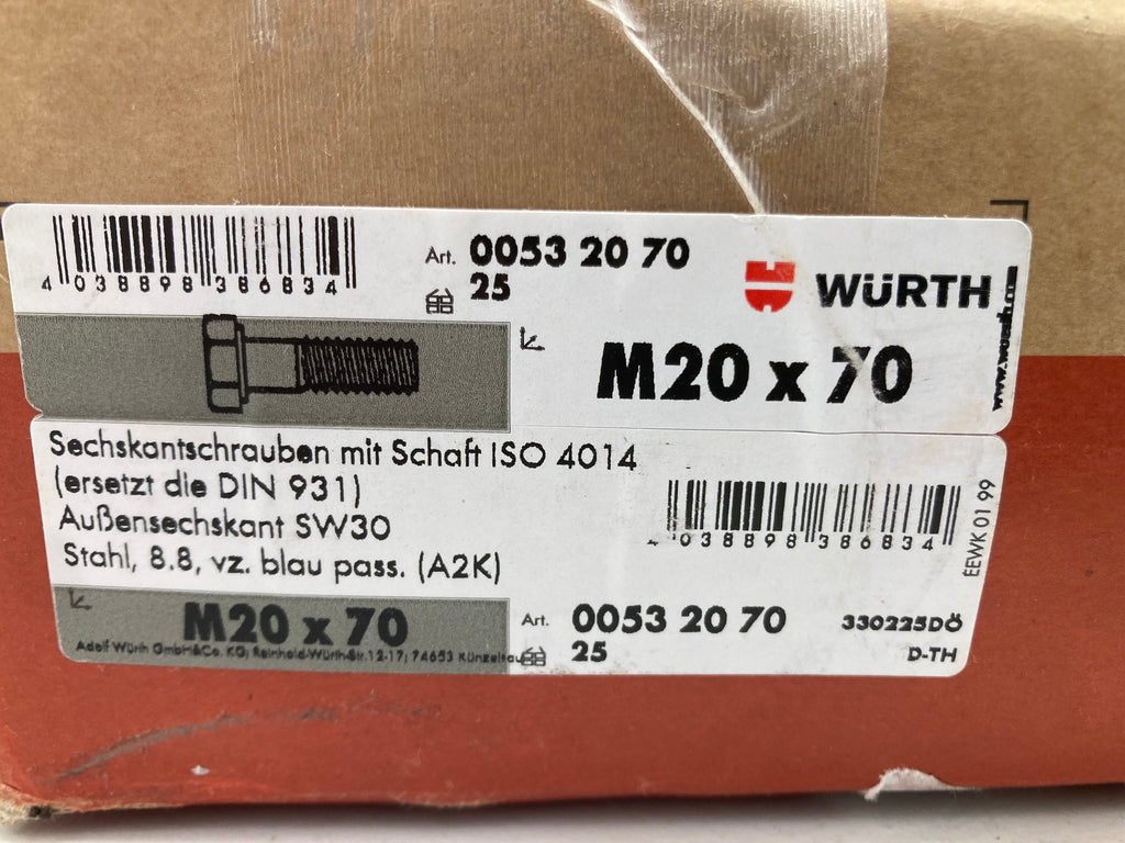 Würth Hexagon Head Bolts M20x70 ISO 4014 Grade 8.8 SW30 - 25 pcs. (New)