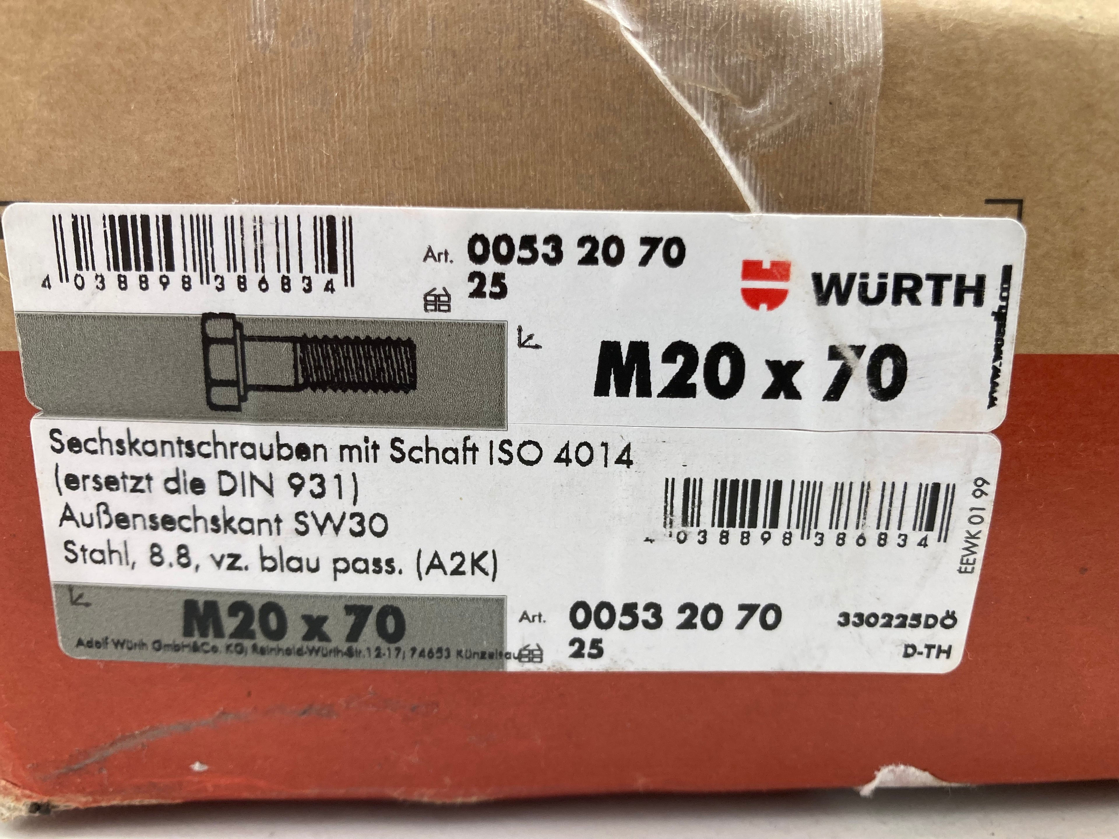 Würth Hexagon Head Bolts M20x70 ISO 4014 Grade 8.8 SW30 - 25 pcs. (New)
