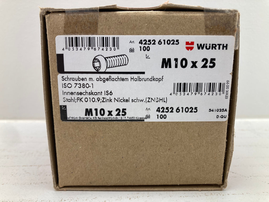 Würth Button Head Screws M10x25 ISO 7380-1 IS6 - 100 pcs. (New)