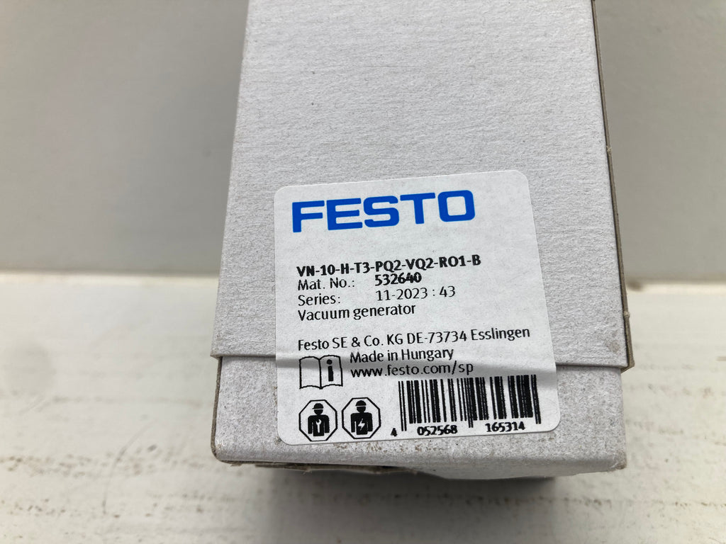 Festo VN-10-H-T3-PQ2-VQ2-RO1-B vacuum generator 532640 with push-in connections for industrial automation made in Hungary
