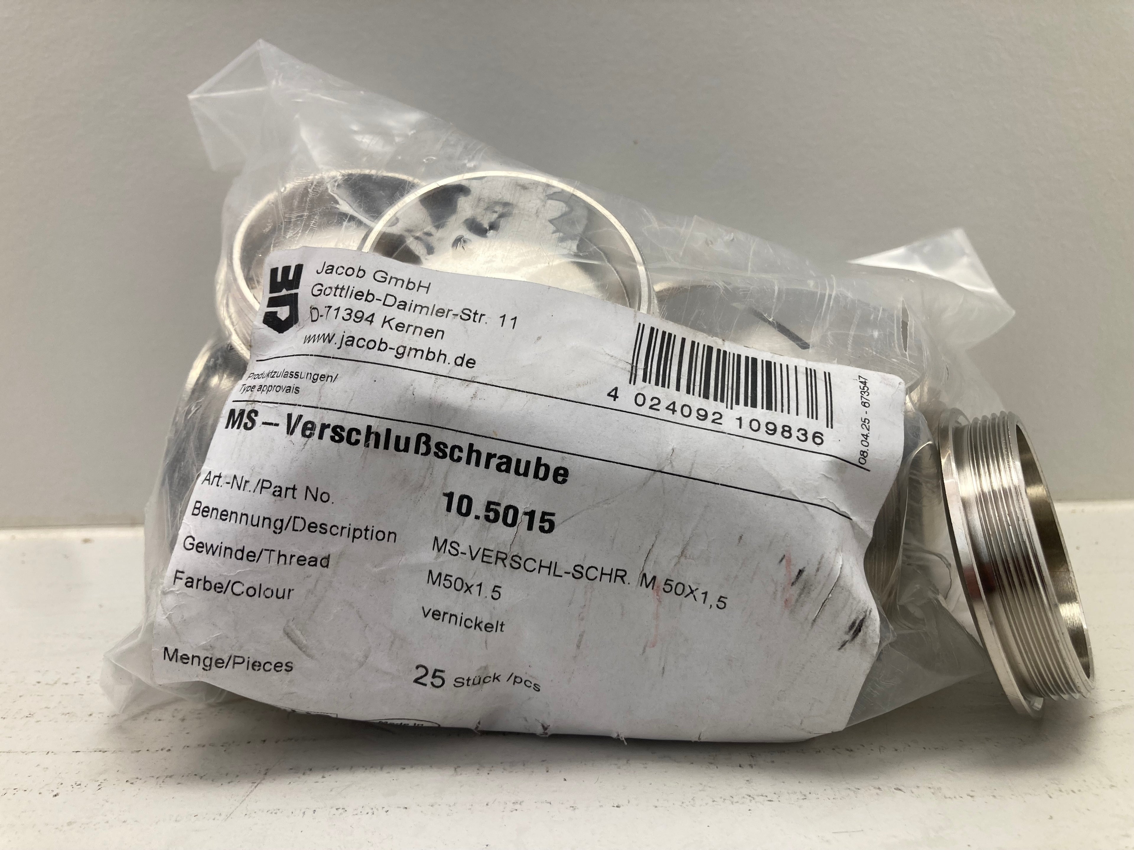 Jacob MS-Verschlußschraube M50x1,5 Vernickelt 10.5015 - 25 stk. nikkelbelagte forseglingspropper
