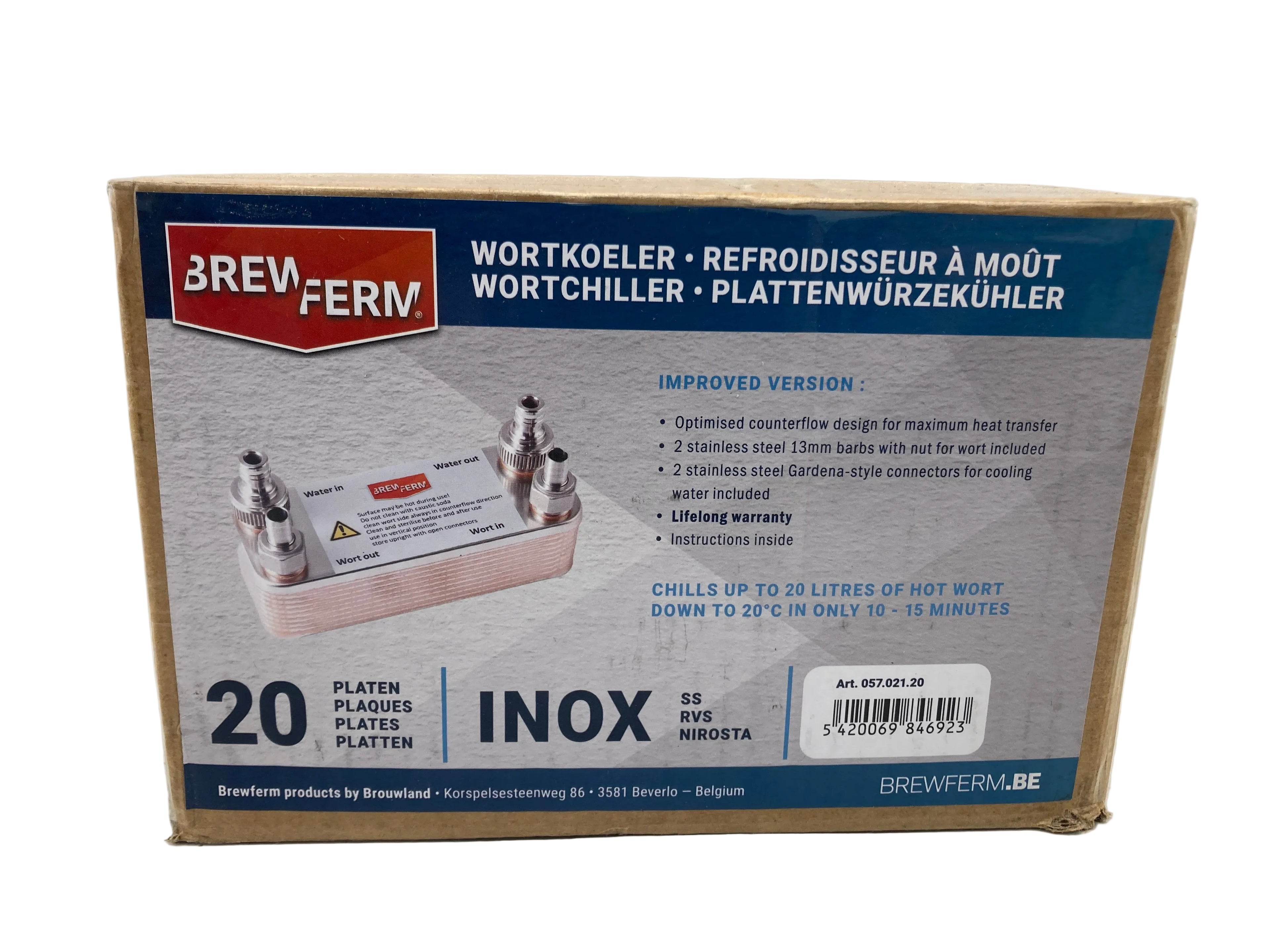 Brewferm Plate Wort Cooler 20 plates stainless steel heat exchanger for brewing with Gardena connectors made in Belgium
