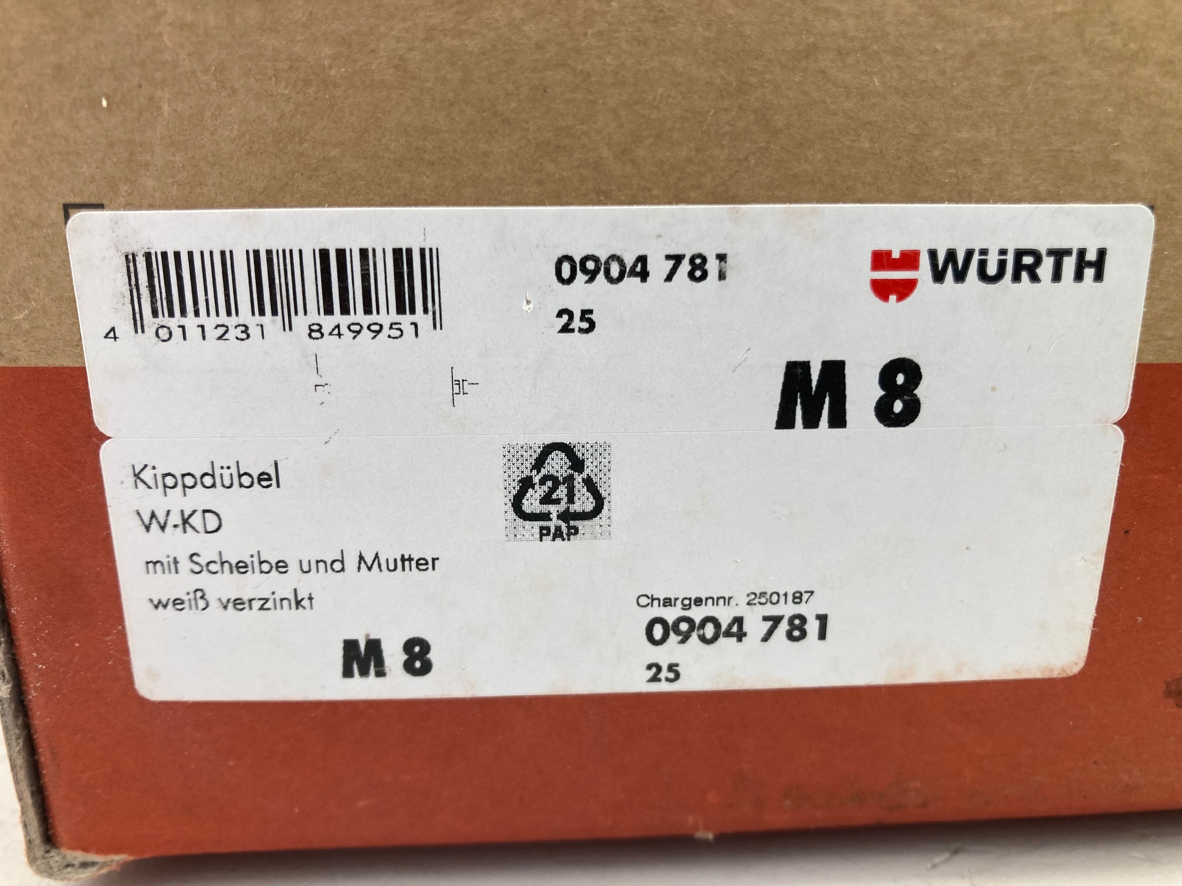 Würth Toggle Anchor WKD M8 with Screw and Nut - 25 pcs. (New)