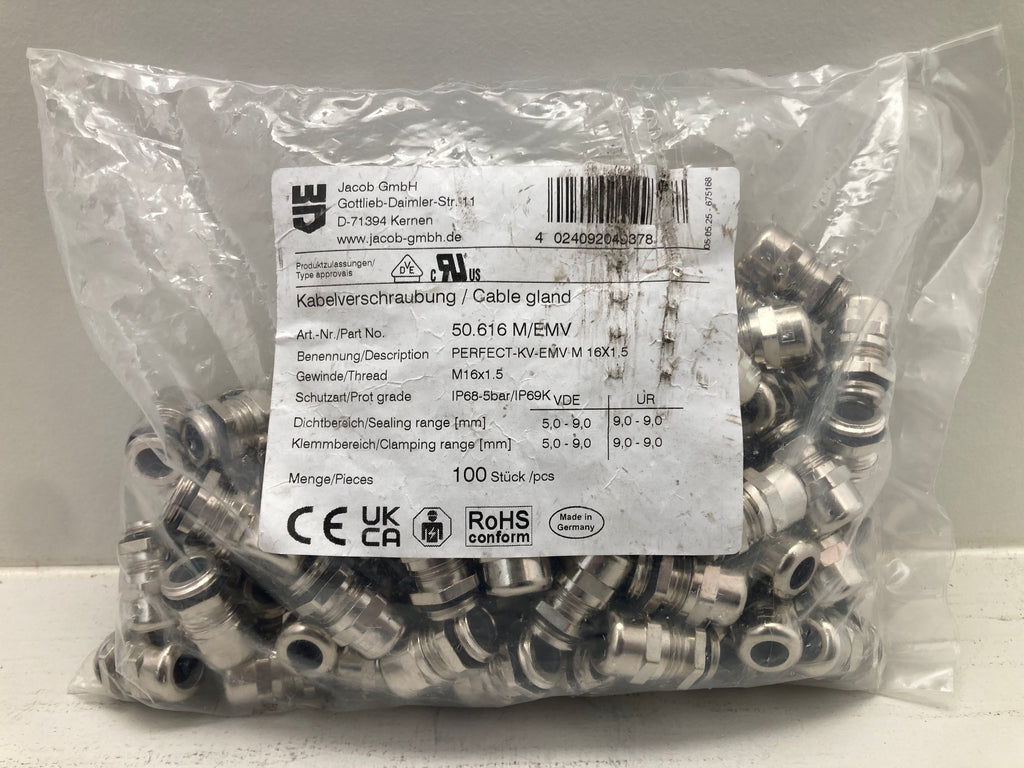 Jacob PERFECT-KV-EMV M 16X1,5 Cable Glands IP68 - 100 stk. med EMV-afskærmning
