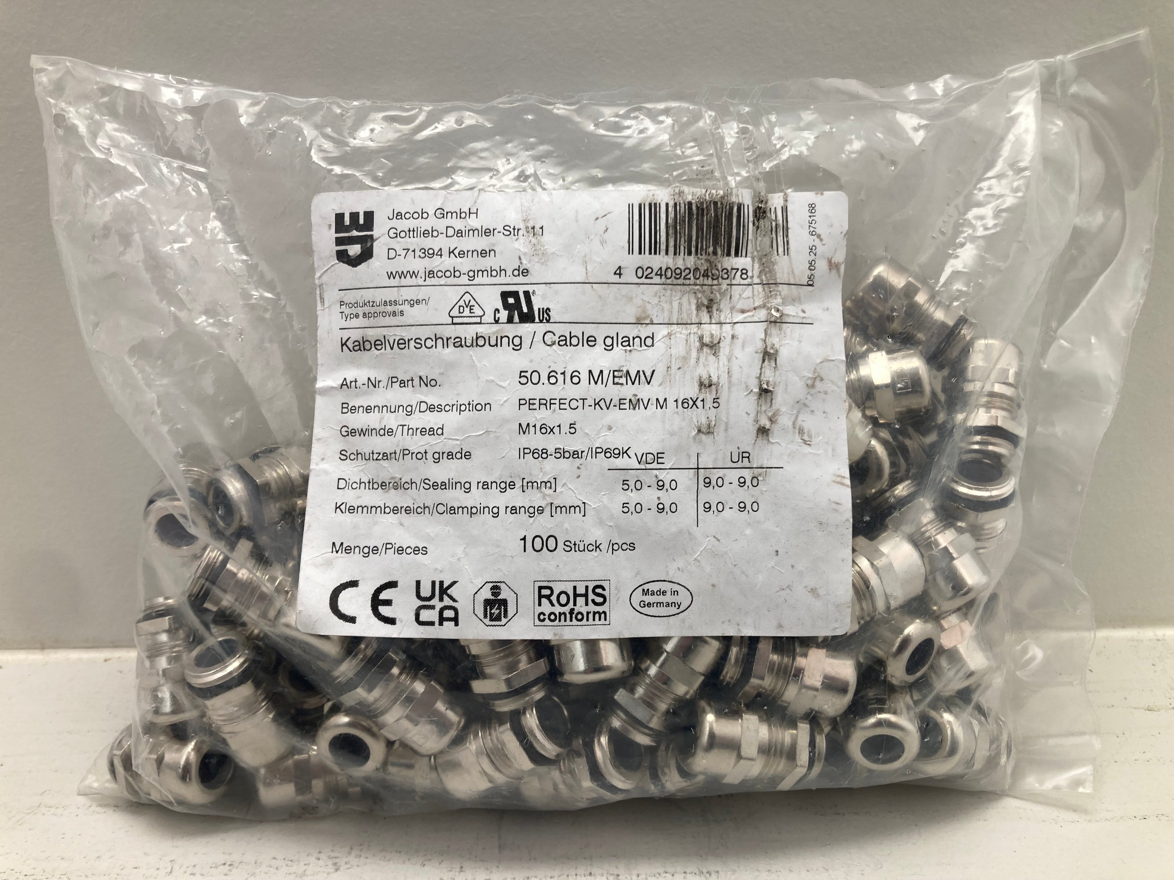 Jacob PERFECT-KV-EMV M 16X1,5 Cable Glands IP68 - 100 stk. med EMV-afskærmning
