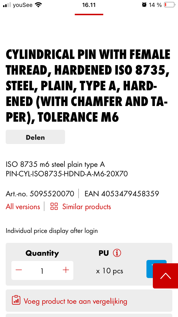 Würth 5095 520070 Cylindrical Pins ISO 8735 20x70mm Hardened - 10 pcs. (New)