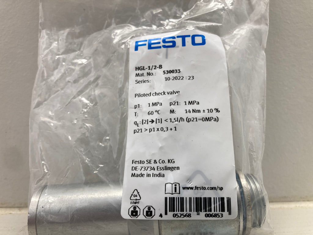 Festo HGL-1/2-B piloted check valve 530033 pneumatic control made in India
